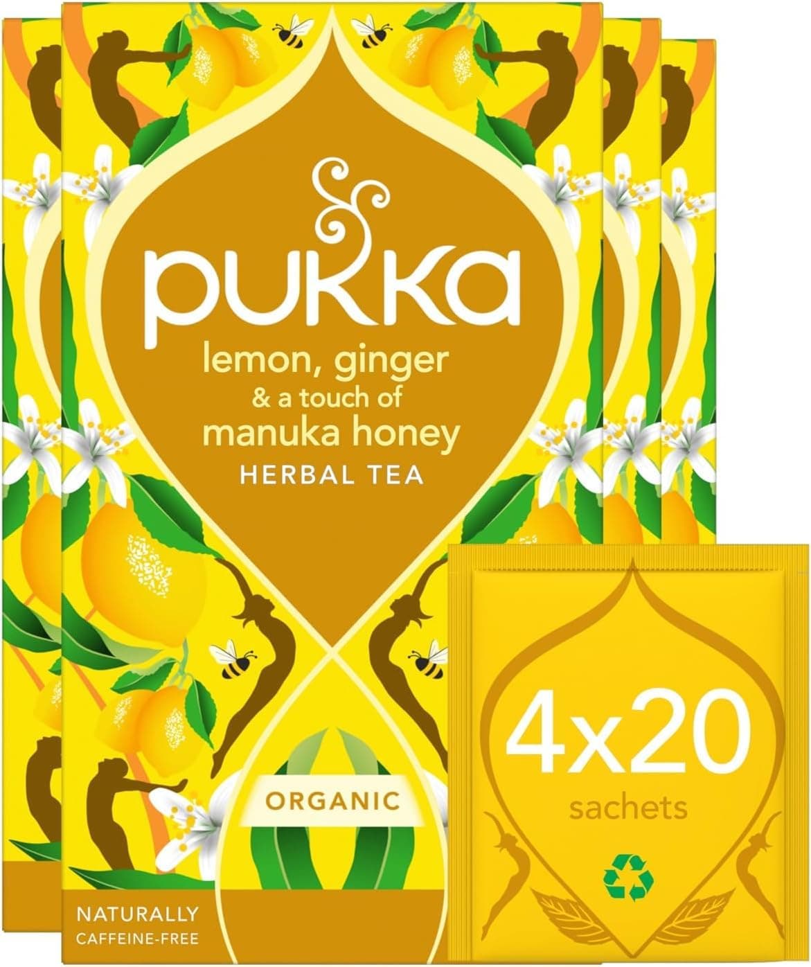Pukka Herbs Organic Lemon, Ginger and Manuka Honey Herbal Tea Bags, Pack of 4-80 Envelope Teabags