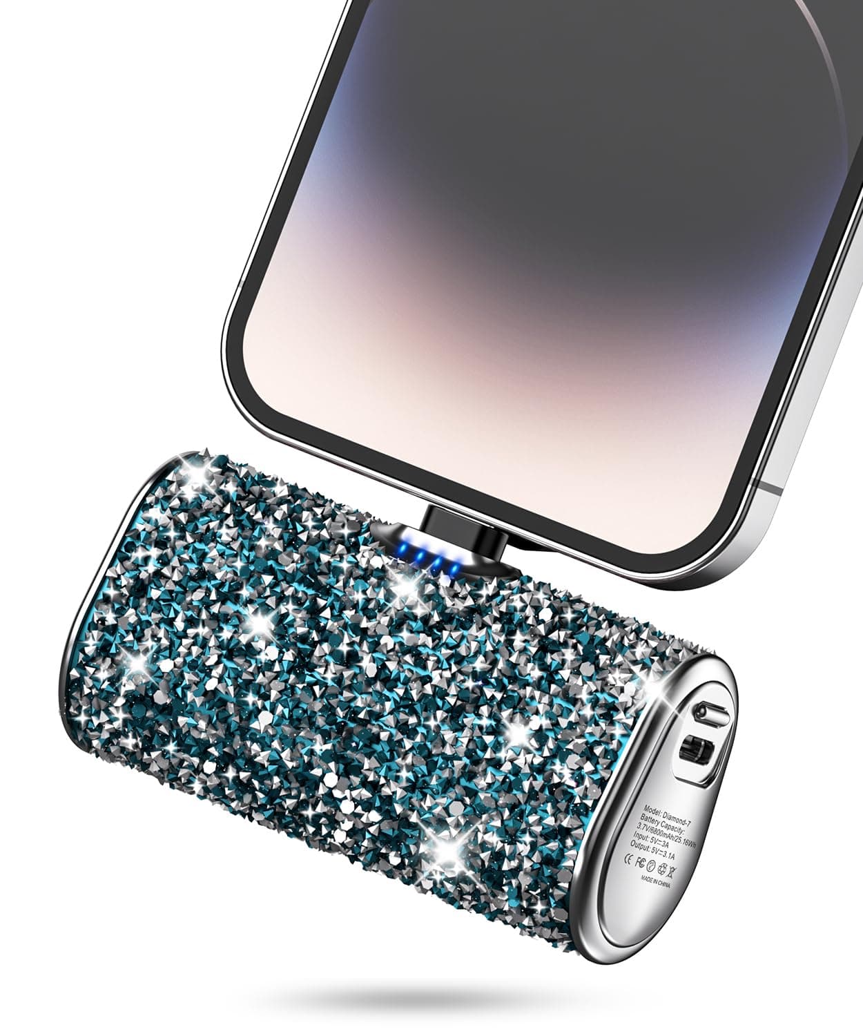 Bling Small Portable Charger, Power Bank, 6800mAh Ultra Compact Cute Shining Battery Pack 5V3.1A Fast Charger Built-in iOS Connector and Flashlight for iPhone 14 Series to iPhone 5 Series(Blue)