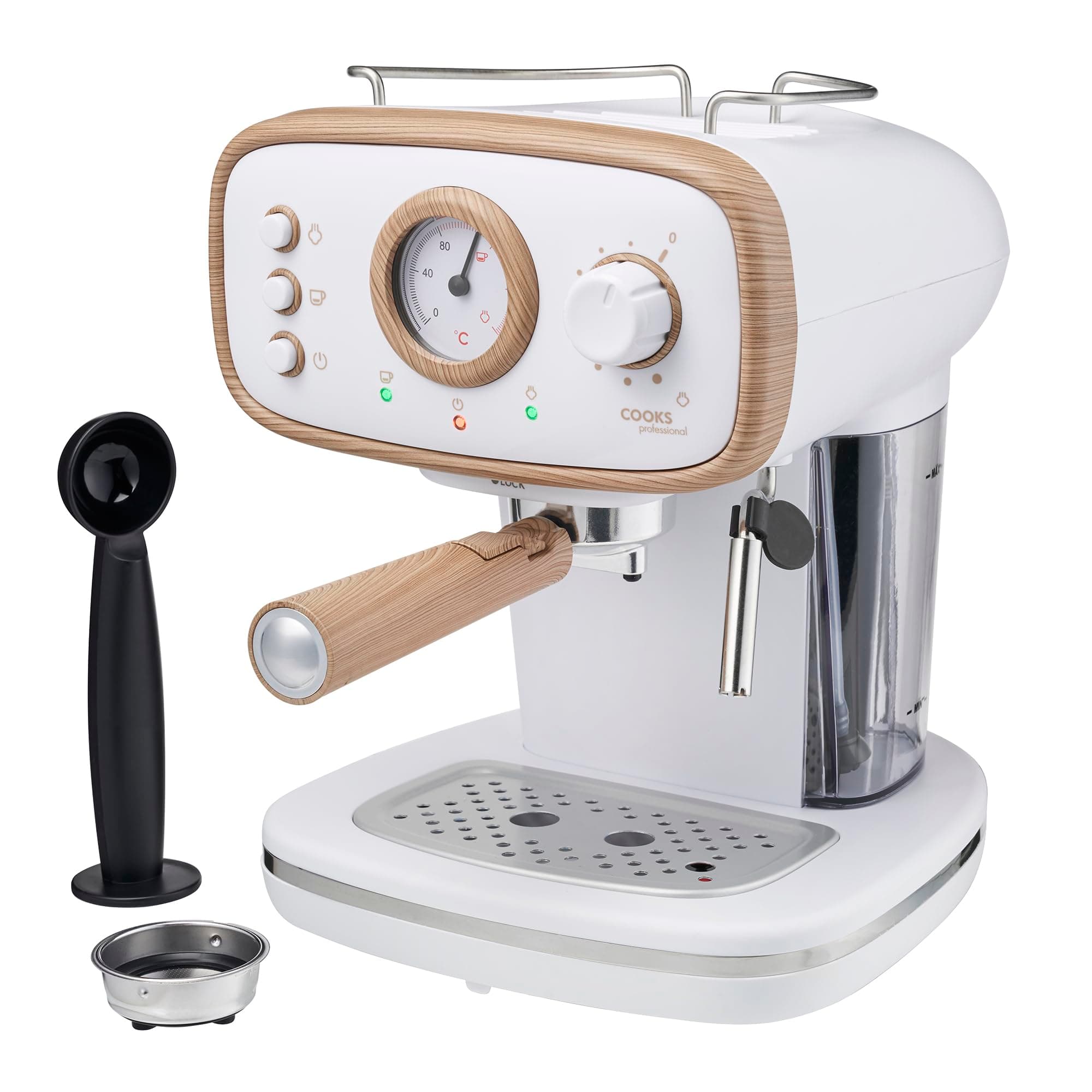 15-Bar Retro Espresso Coffee Machine with Frothing Steam Wand, Built-In Temperature Gauge, 1.2L Water Tank & Stainless Steel Drip Tray | Nordic White