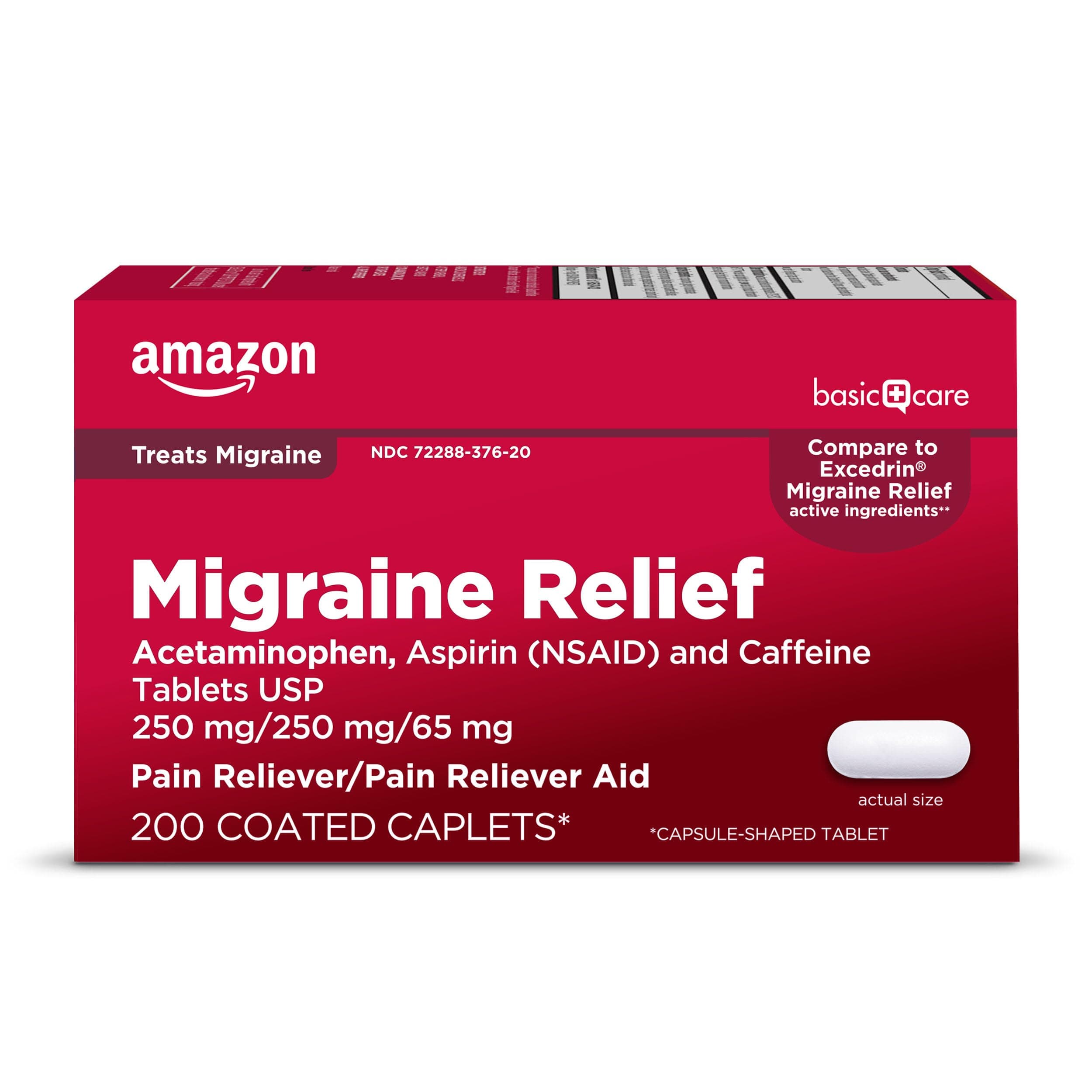 Migraine Relief Acetaminophen, Aspirin (NSAID) and Caffeine Tablets, Pain Reliever/Pain Reliever Aid, 200 Count