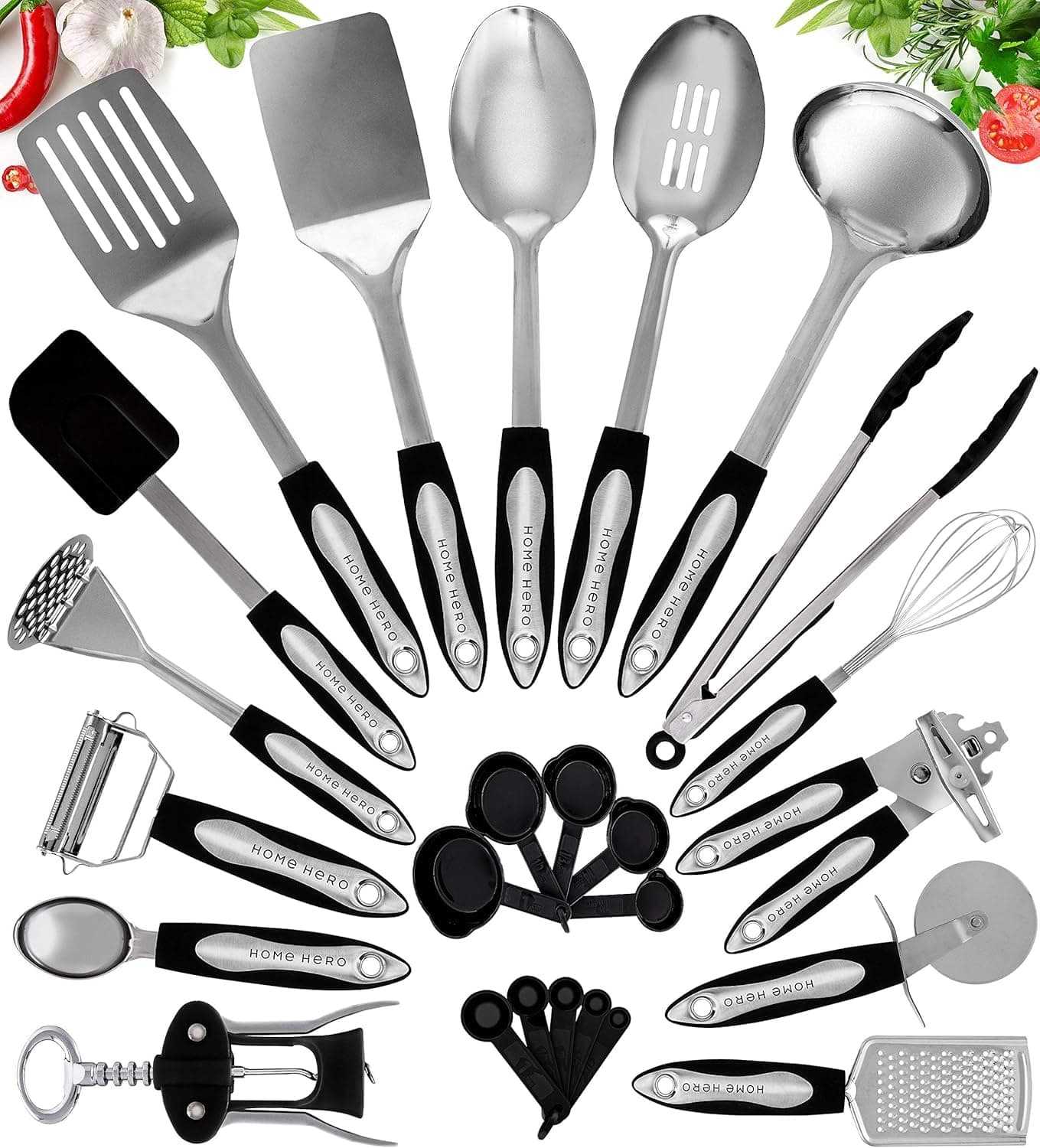 Kitchen Utensils Set - Non-Stick Heat Resistant Cooking Utensils Set - Spoons Turners Spatula Ladle Set - Kitchen Tools Gadgets Accessories (40 pcs Stainless Steel Set)