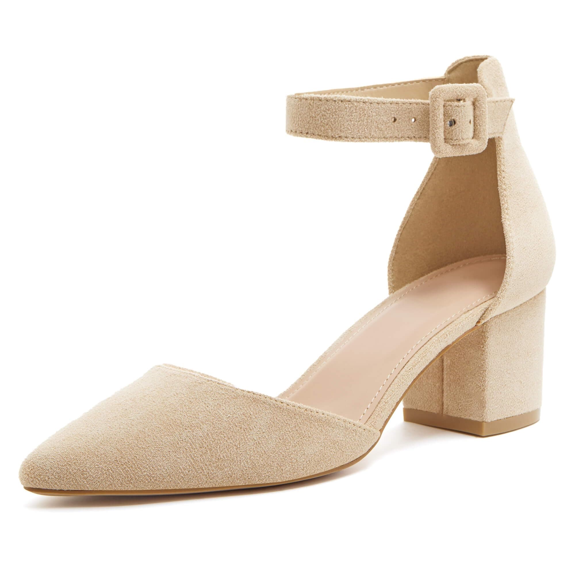 Women's Pointed Toe Pumps Ankle Strap Buckle Chunky Block Heel Dress D'Orsay Shoes