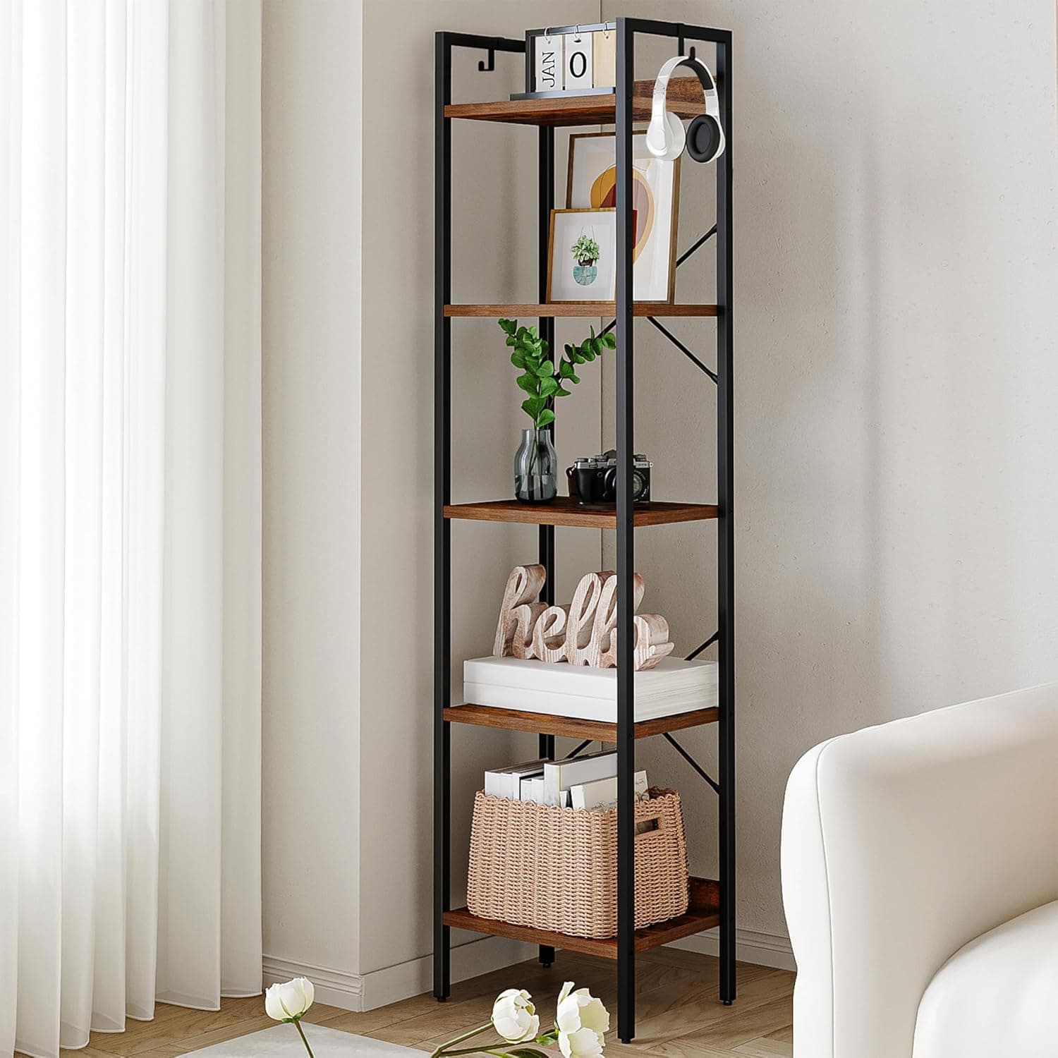 Bookshelf, Book Shelf, Industrial Bookcase with 2 Hooks, Coner Shelf Storage Organizer for Home Office, Living Room, Bedroom, Kitchen, 5-Tier Rustic Brown BC10501B