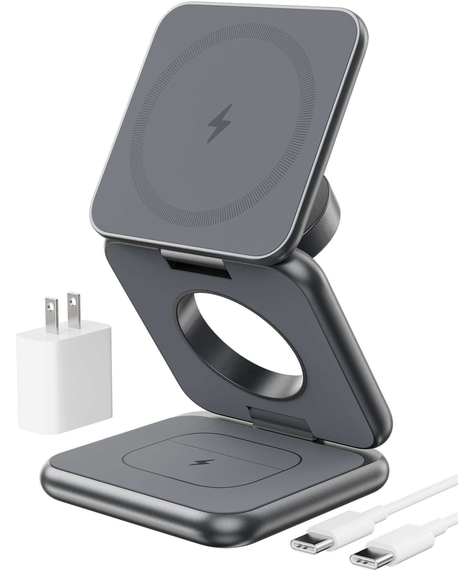 Foldable Magnetic Wireless Charger, KU XIU X40 Aluminum Alloy 3 in 1 Charging Station for Apple, Fast Magnetic Charger Stand for iPhone 17 16 15 14 13 12 Series, 5W for iWatch, AirPods 3/2/Pro, Gray