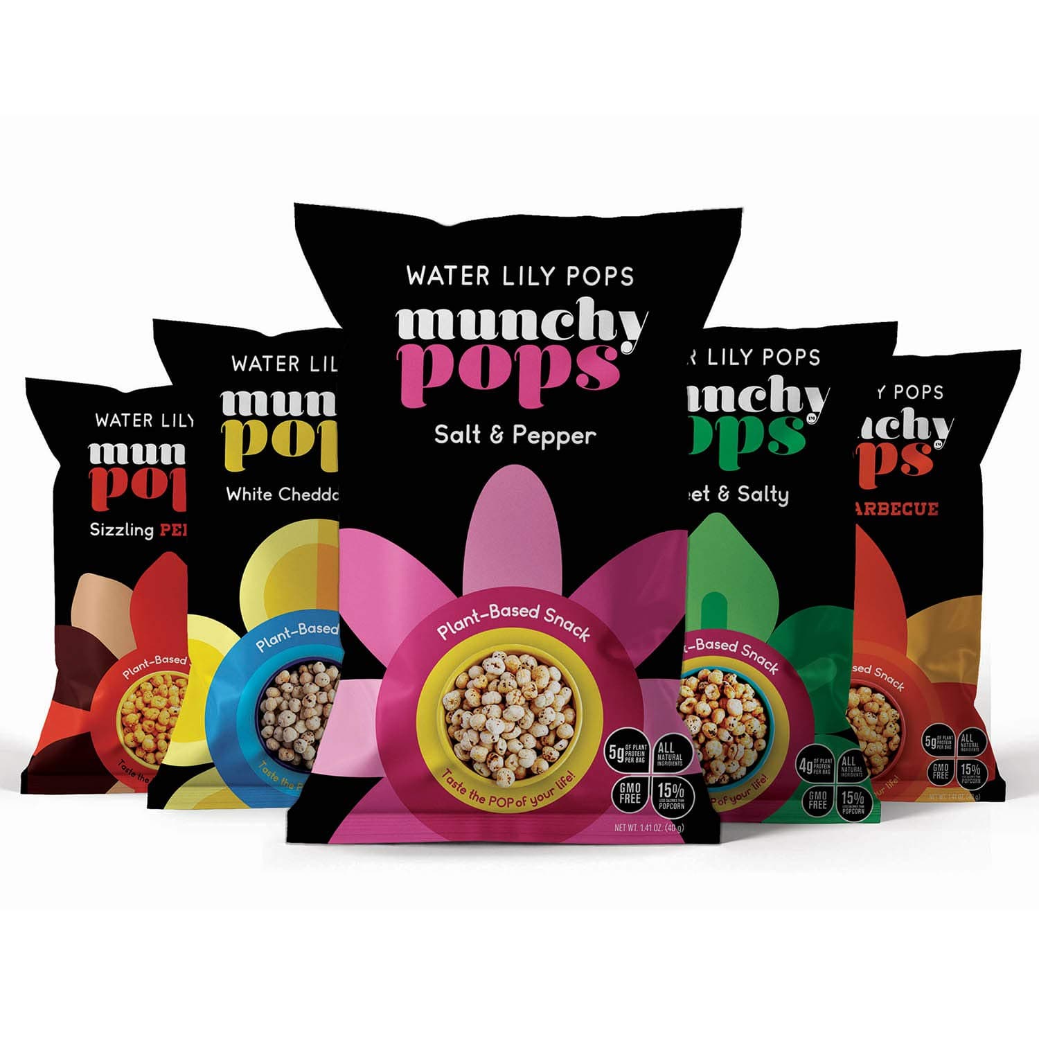 Munchy Pops Popped Water Lily Seeds, Plant Based Snacks - Roasted, Gluten Free Snack - Variety Pack (5 Pack)