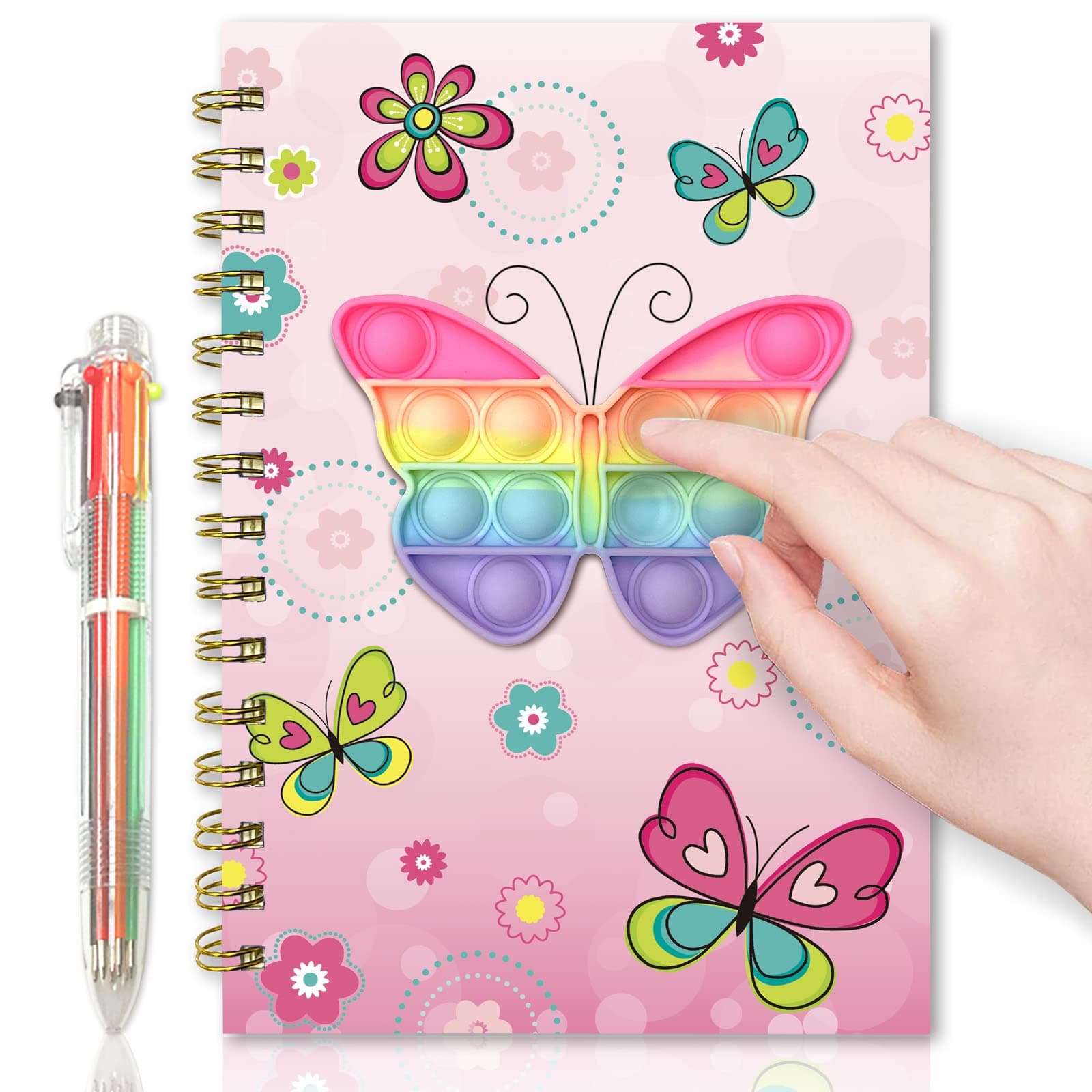 Pop Notebook for Kids, Fidget Girls Diary Journal 8.3x5.7 Inches 160 Lined Pages with 6 Multicolor Pen Spiral Journal for Teenage School Writing Drawing Pop Butterfly It Gifts Stuff Age 6 8 10 12