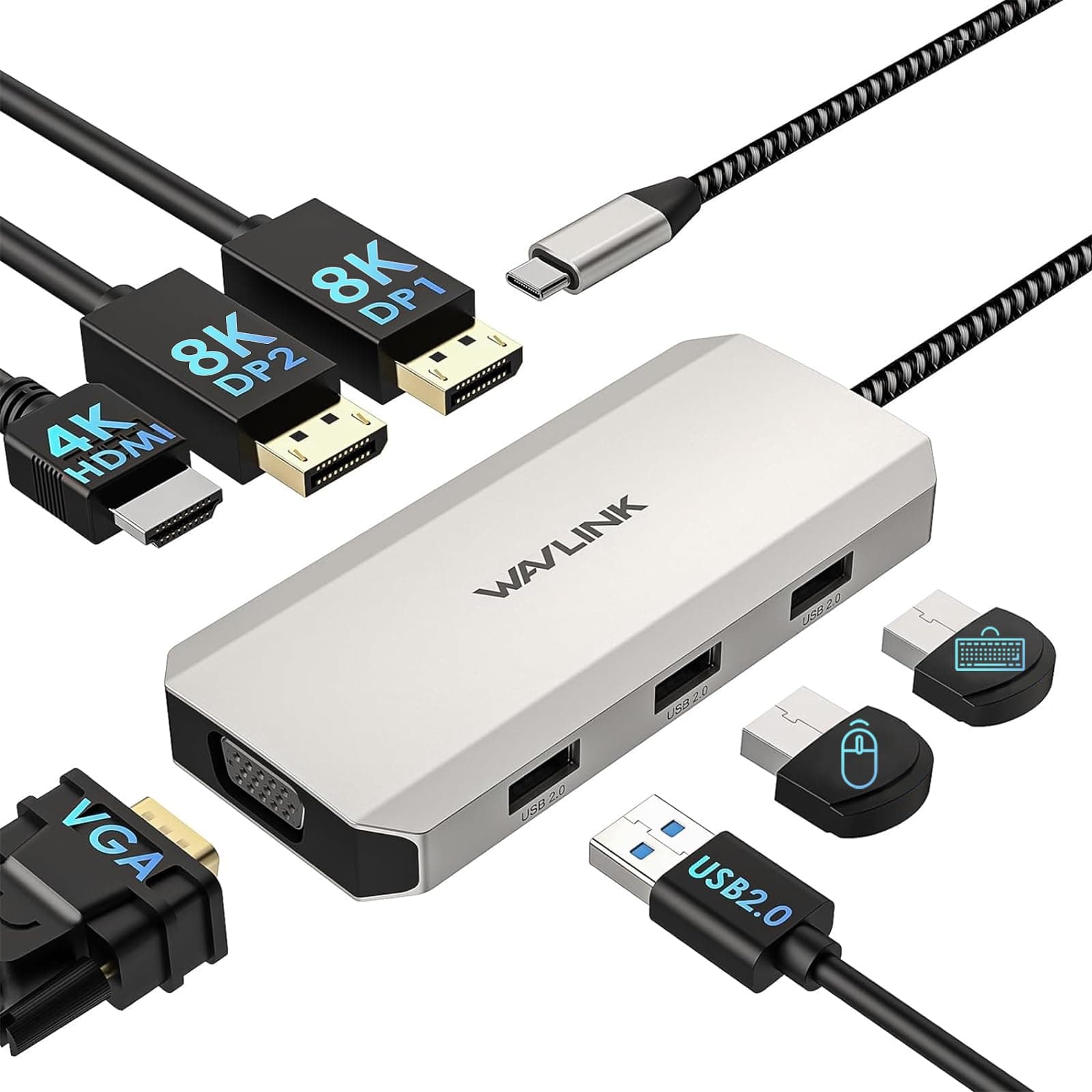 USB C Docking Station 2 DP +HDMI +VGA Quad Monitor, WAVLINK 7 in 1 Laptop Docking Station with 8K 60Hz DisplayPort, 4K 60Hz HDMI, 1080P 60Hz VGA, 3 USB 2.0 A for Dell/HP/Lenovo/MacBook/Surface