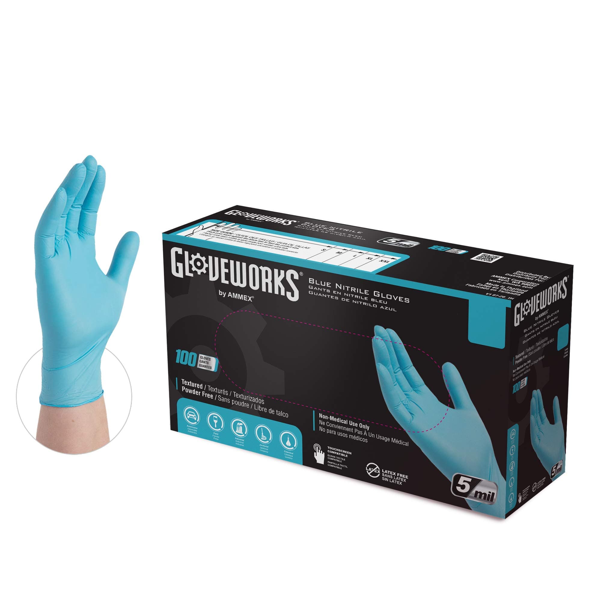 Blue Disposable Nitrile Industrial Gloves, 5 Mil, Latex & Powder-Free, Food-Safe, Textured, Medium, Box of 100