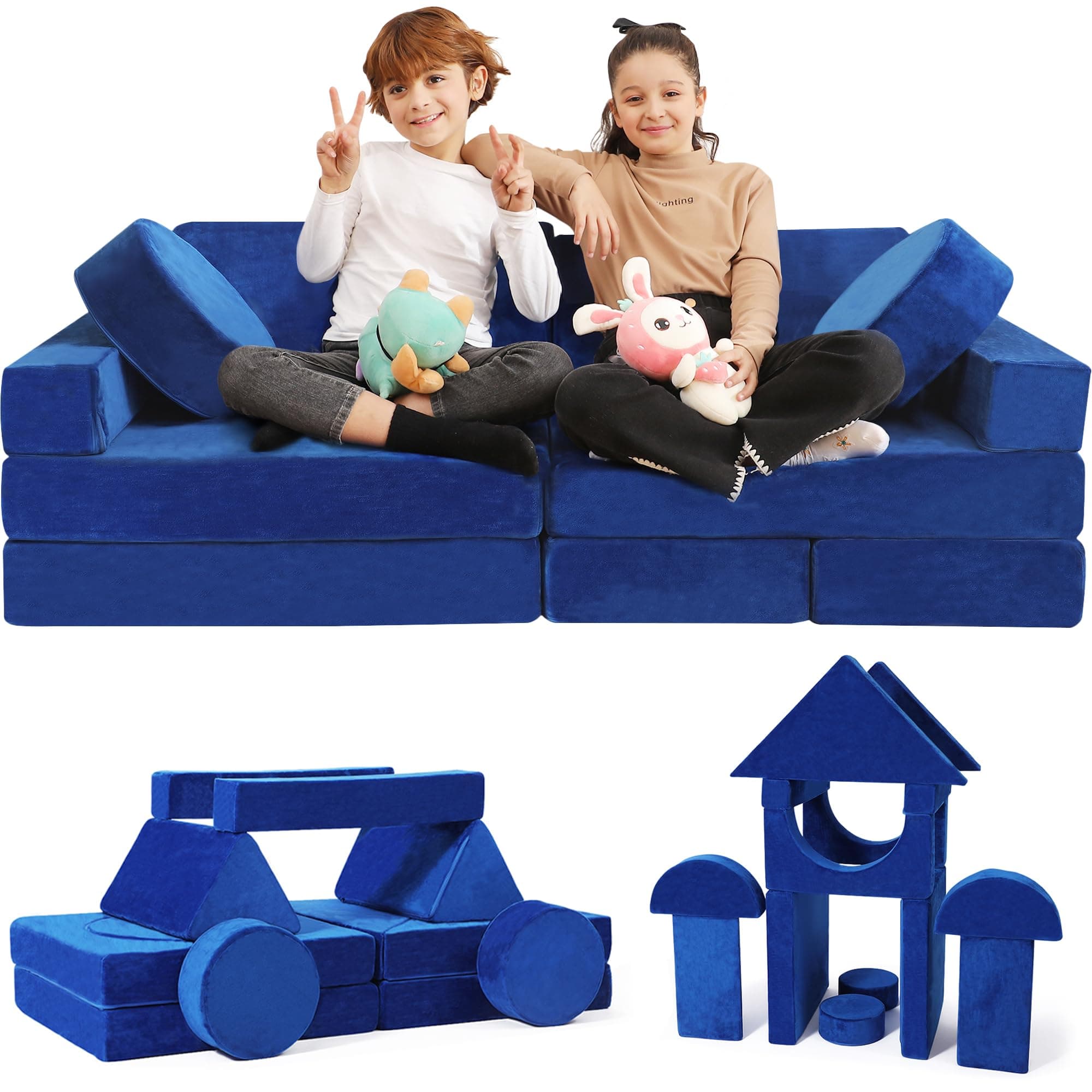 Kids Couch 14 PC Modular Kids Play Couch Set – Convertible Sofa with Soft Foam Sofa Cushions | Fort, Kid Play Room Furniture, Blue