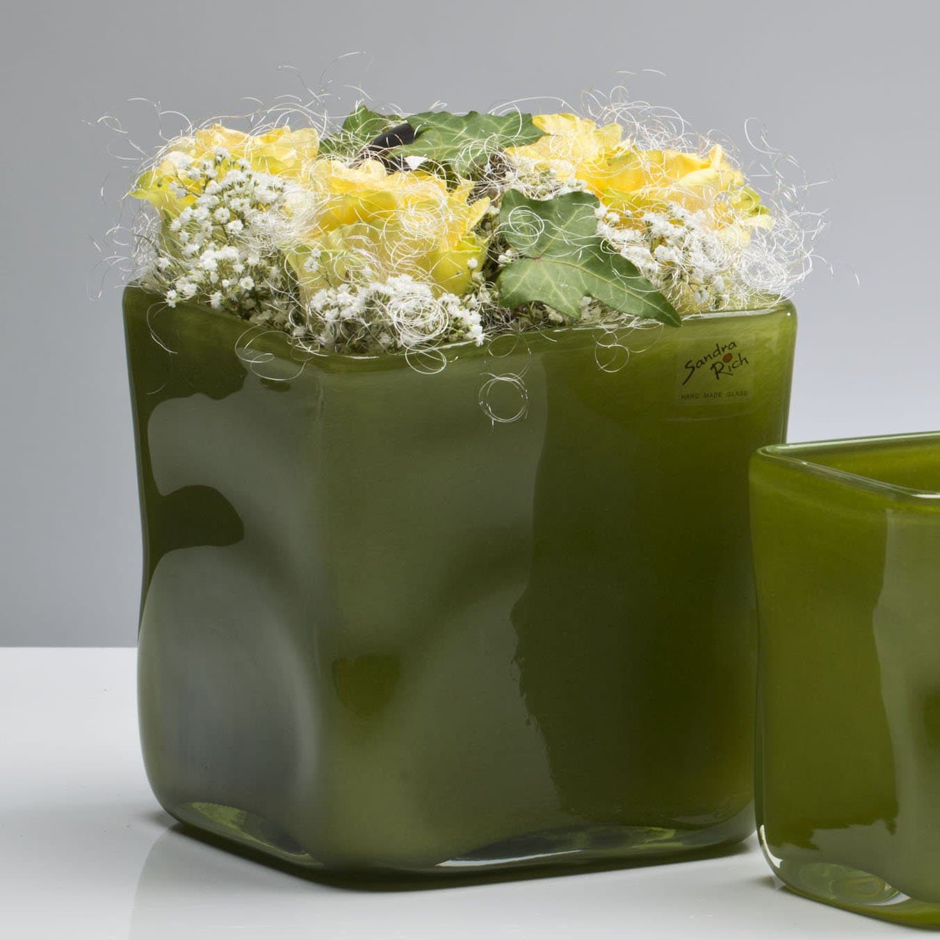Glass Vase Solid Glass Table Vase Cube Square, Green, 15 cm