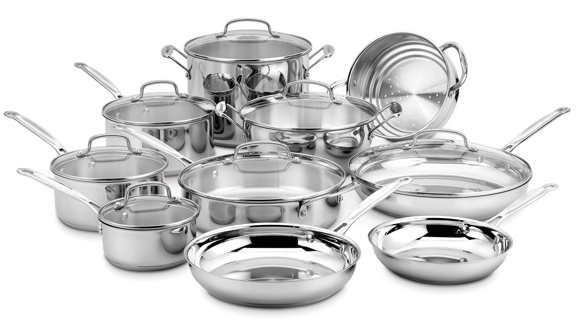 Cuisinart 17-Piece Stainless Steel Cookware Set, Chef's Classic Steel Collection with Pure Aluminum Core for Quick and Even Heat, Cool Grip Handles, Dishwasher Safe, 77-17N