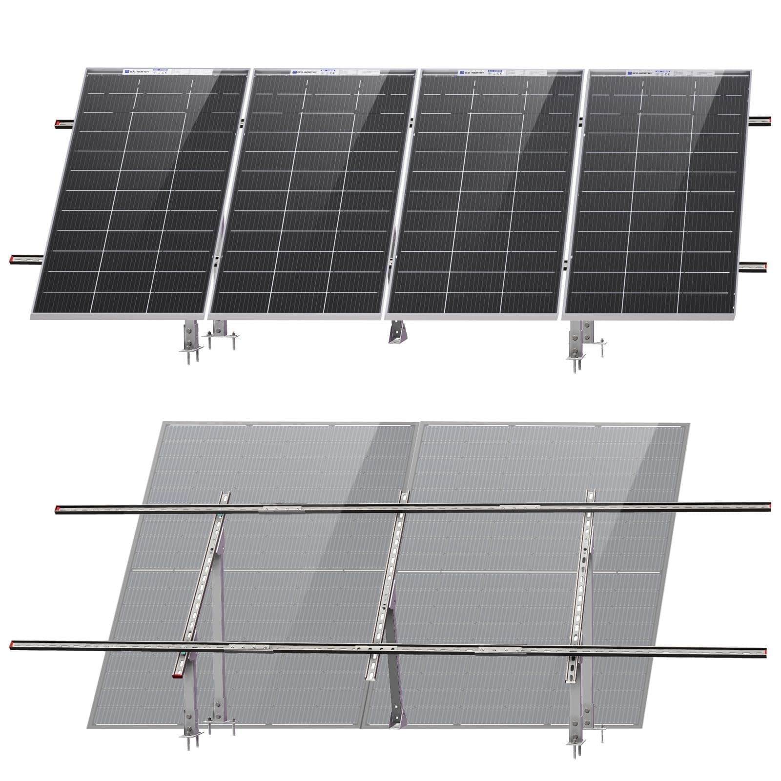 - ECO-WORTHY Upgraded Solar Ground Mount Adjustable Multi-Pieces Solar Panel Mounting Brackets Kit System for 4pcs 200W/3pcs 300W/2pcs 400W Solar Panels for Ground,Open Space, Cabins and Backyard Sheds