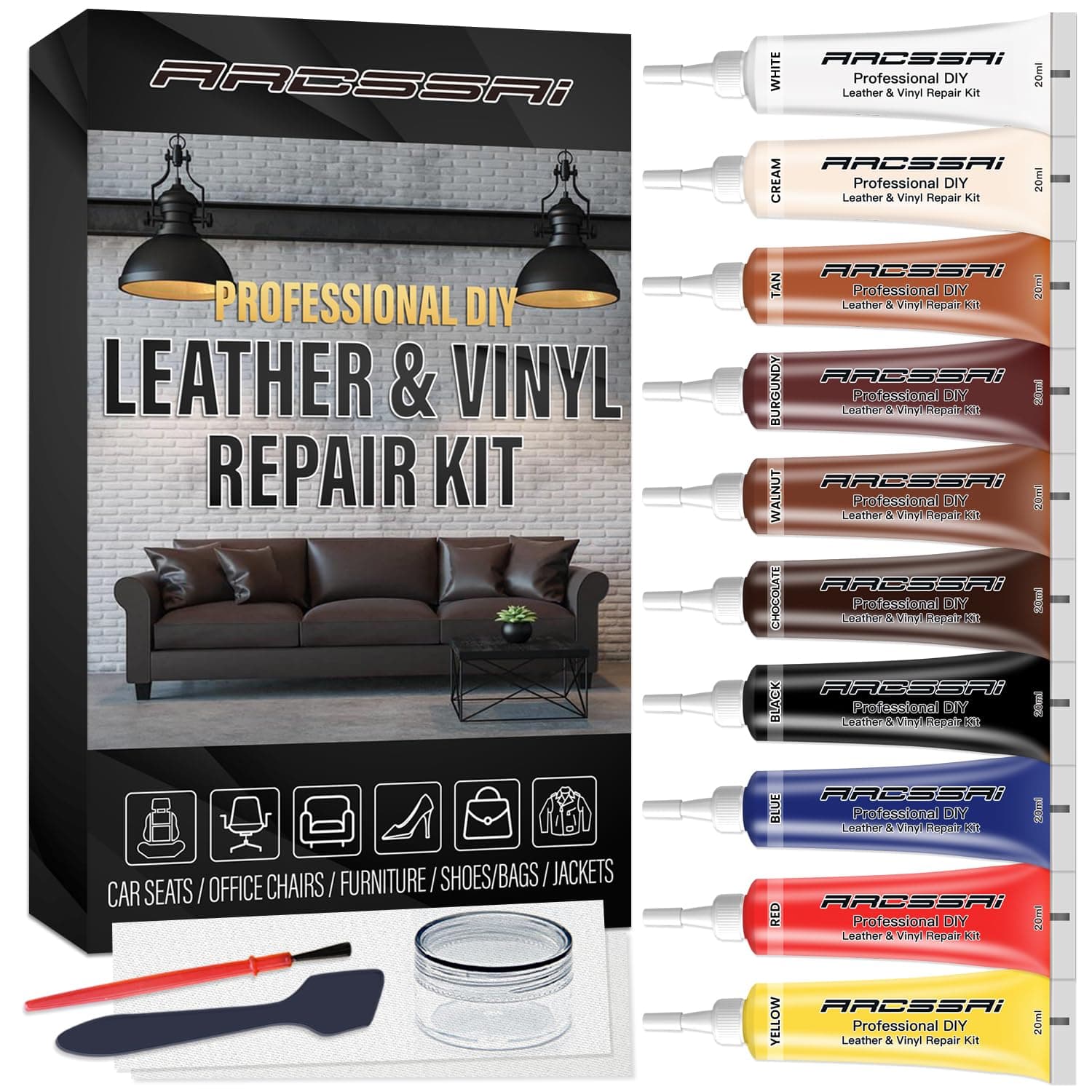 ARCSSAI ARCSSAL Leather Repair Kit for Furniture, Sofa, Jacket, Car Seats and Purse. Super Easy Instructions to Match Any Color, Restore Any Material, Bonded, Italian, Pleather, Genuine