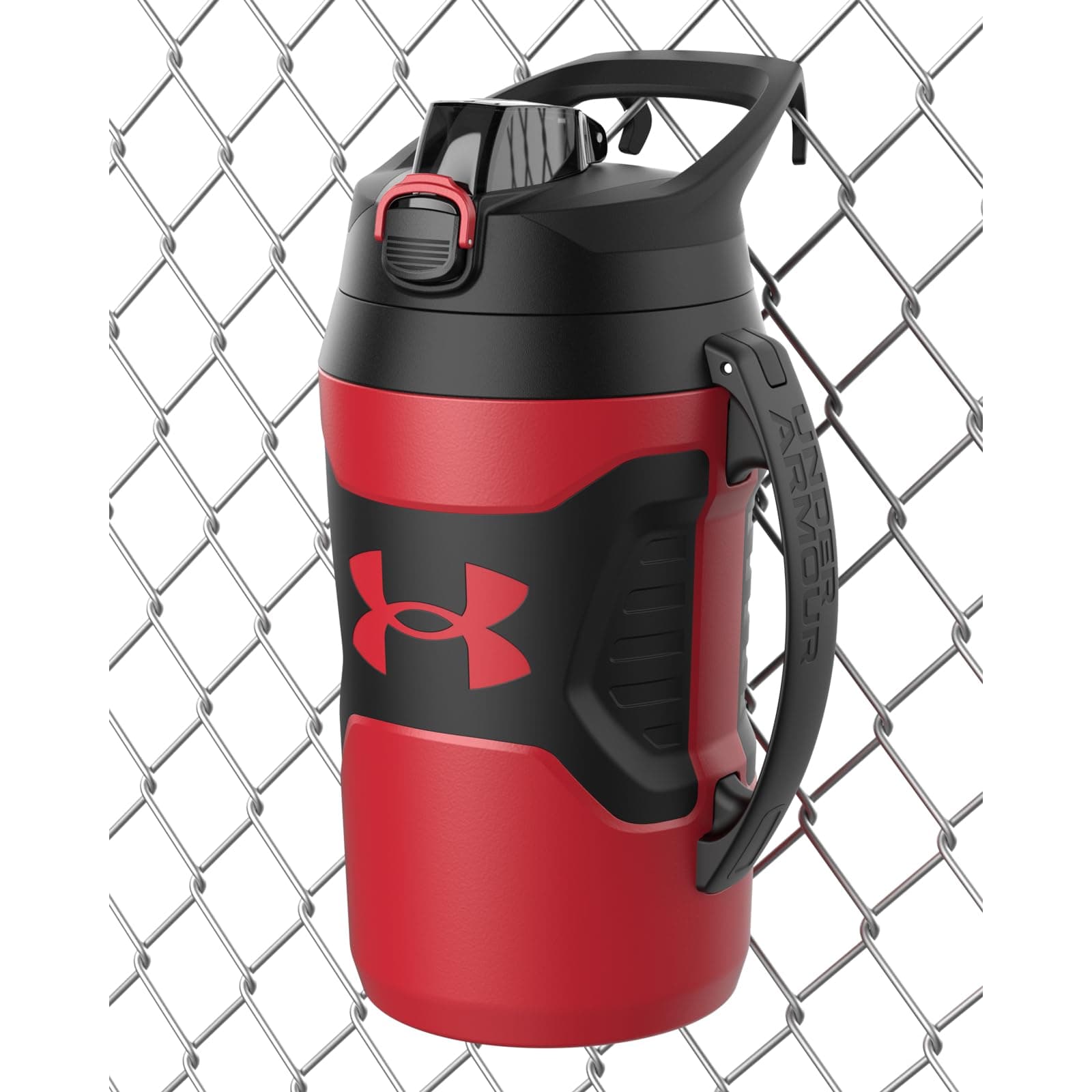 Half Gallon Water Bottle Insulated, 64oz Insulated Water Bottle with Handle, Fence Hook, Leak Resistant, for Baseball, Football & More - Red/Black