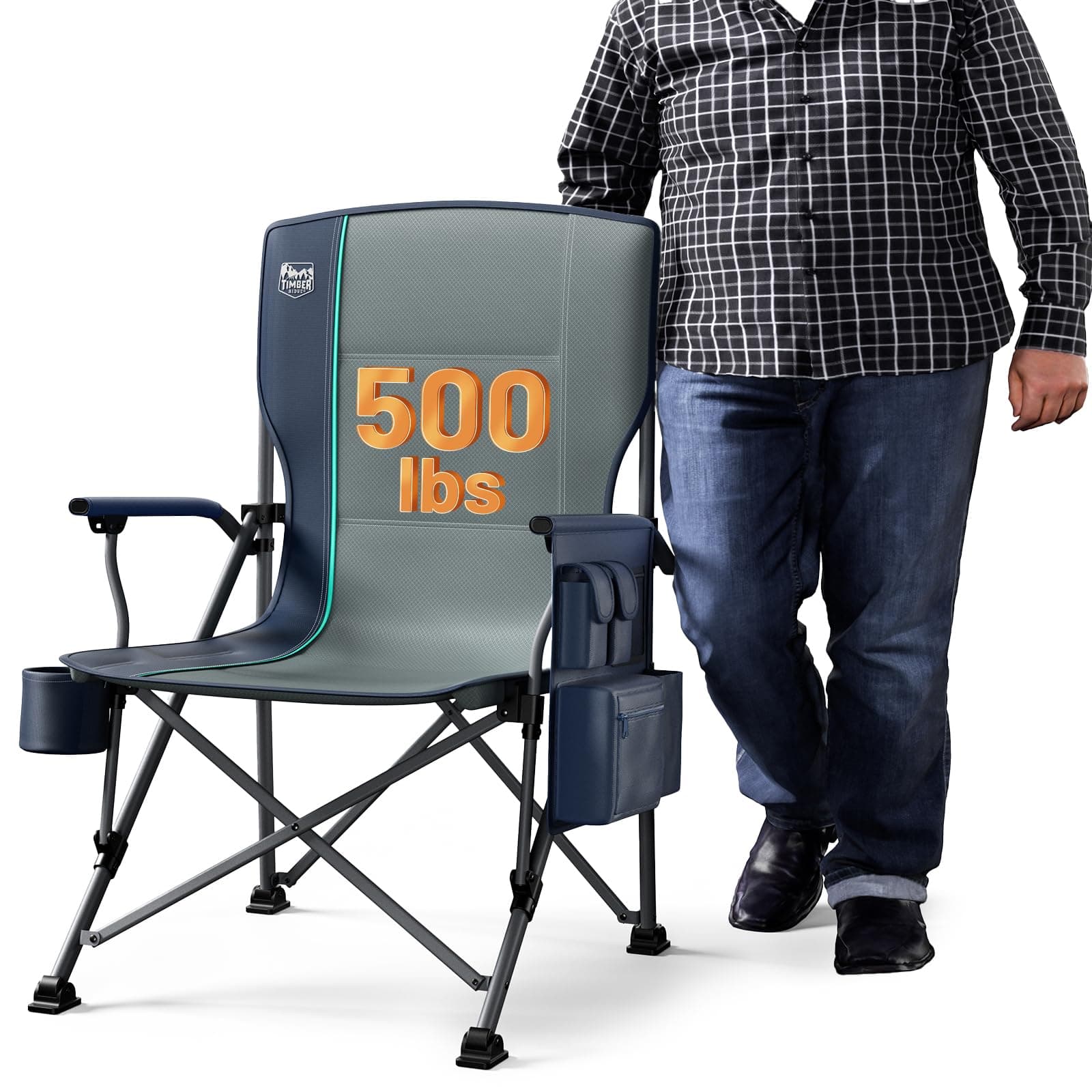 TIMBER RIDGE Oversized Folding Camping Chair High Back Heavy Duty for Adults Support up to 500lbs with Cup Holder, Side Pocket Cooler Bag