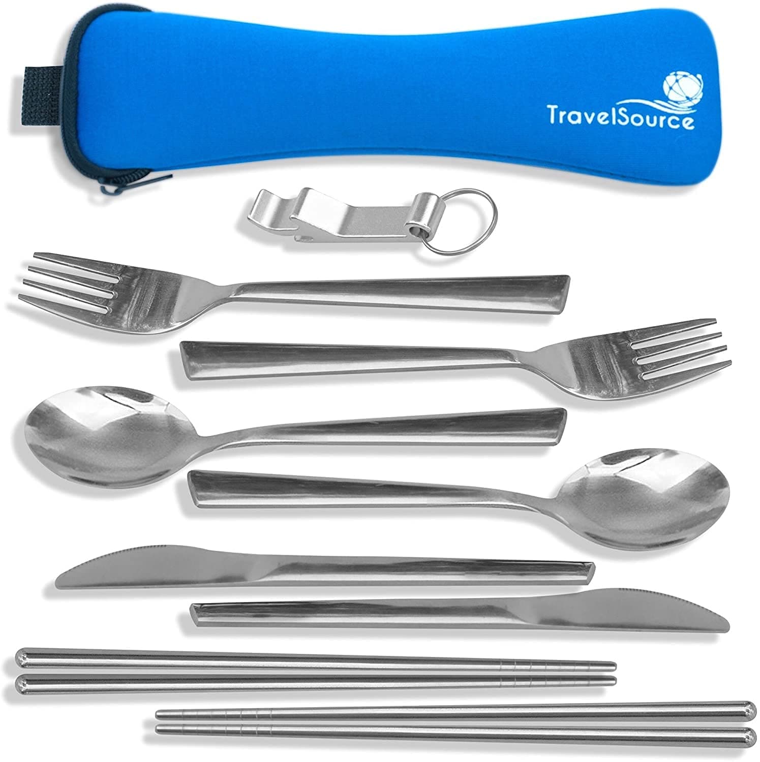 TravelSource 2-Person Stainless Steel Portable Eating Utensils Set - for Camping and Travel with Case and Bottle Opener