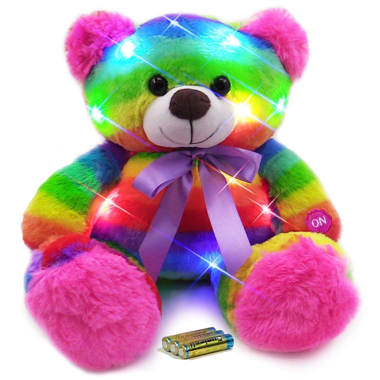 (Batteries Included) - The Noodley 36cm LED Light Up Rainbow Teddy Bear with Timer Colourful Stuffed Animal Night Light Kids Gift and Birthday Present Gifts for Girls Age 3 4 5 6 Years Old ... (Bat...