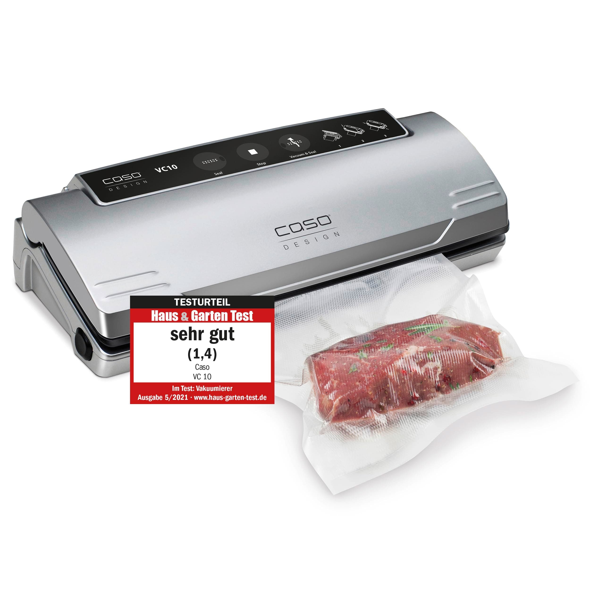 CASO VC10 Vacuum Sealer - Vacuum Sealer Food Fresh up to 8x Longer 30 cm Long & Stable Weld Seam, Stiftung Warentest Test Winner (01/2018), Includes 10 Professional Foil Bags