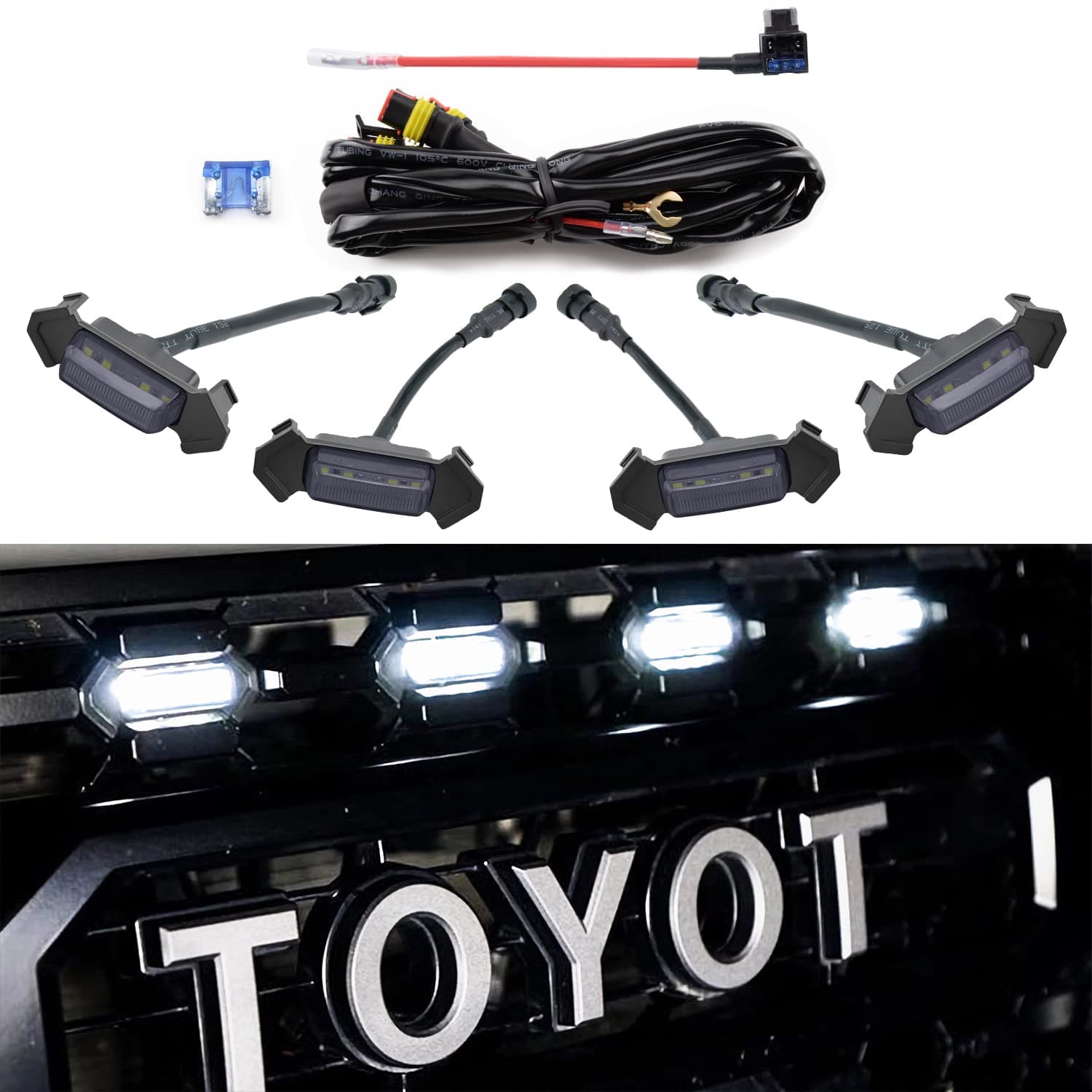 4PCS LED Front Grille Raptor Lights with Fuse & Wiring Harness, Compatible with 2016 2017 2018 Toyota Tacoma TRD Pro (White)