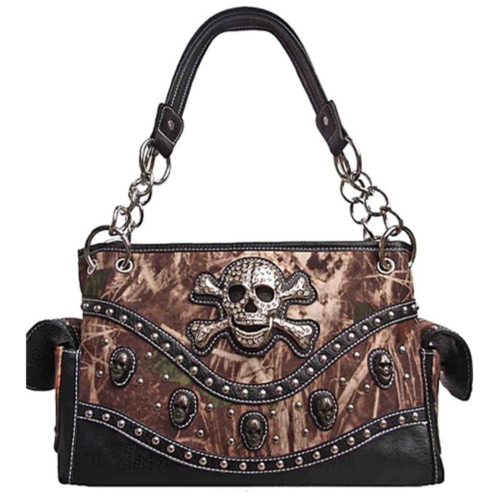 Camo Skull & Cross Bones Satchel Purse Chain Handles Camouflage