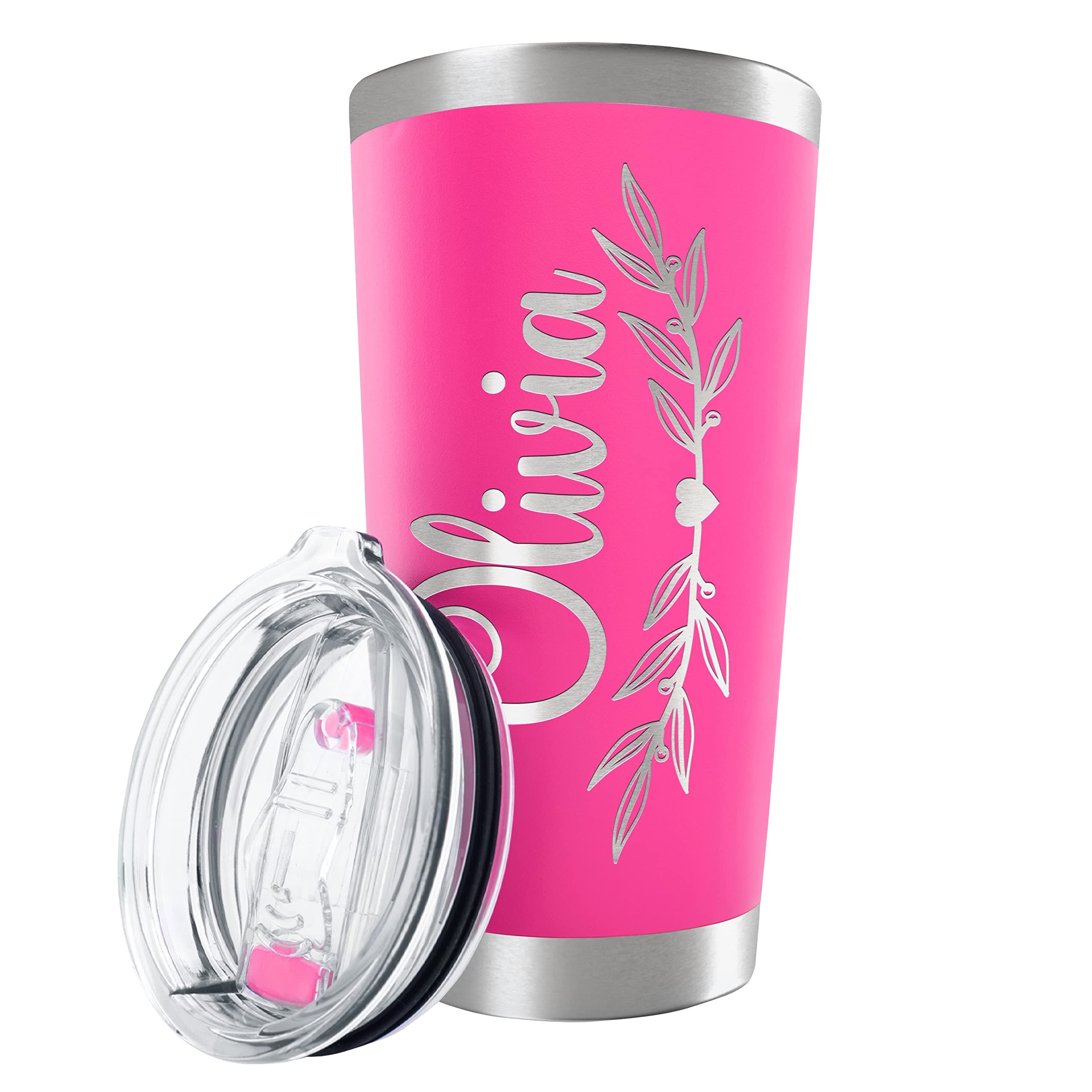 Personalized Tumbler with Engraved Name - 12 Designs, 20 Oz Coffee Tumbler with Slider Lid, Hot Pink, Double Wall Insulated - Custom Gift for Women
