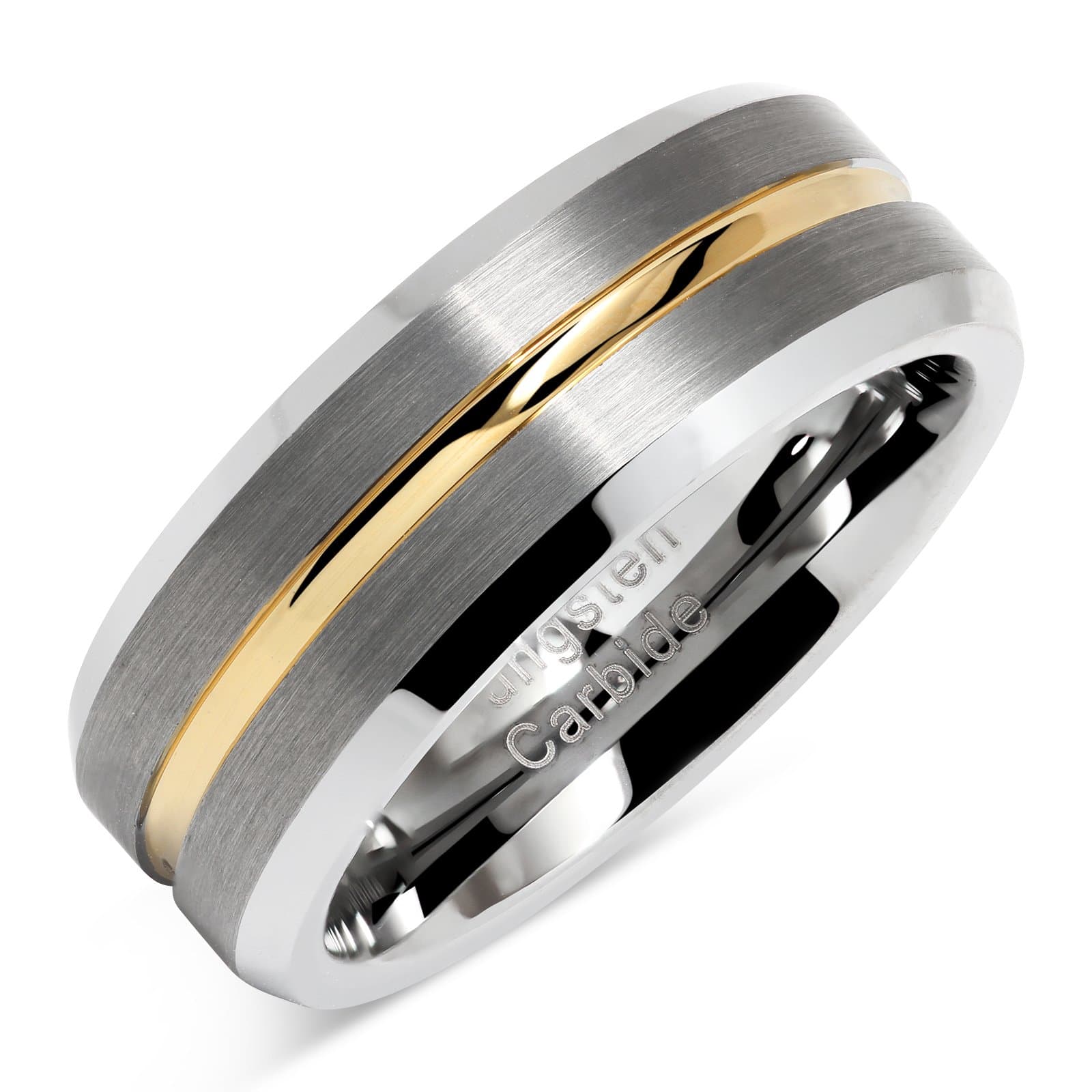 Tungsten Rings for Men Two Tone Silver Wedding Bands Gold Grooved Matte Finish Size 6-16