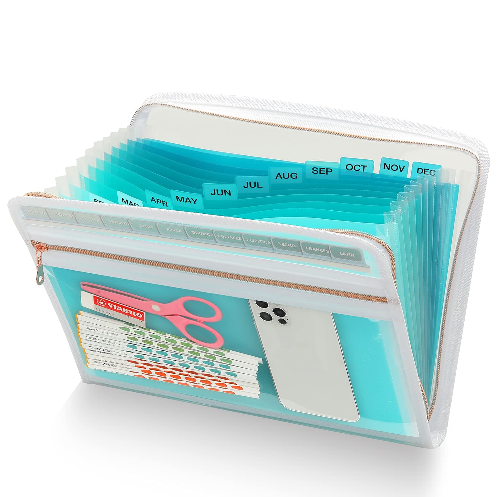 H4D 13 Pocket Expanding File Folder Organizer with Front Clear Pounch, Accordion File Organizer with Zipper Clourse, Expandable Filing Folders for Documents, Papers Letter Size, Teal
