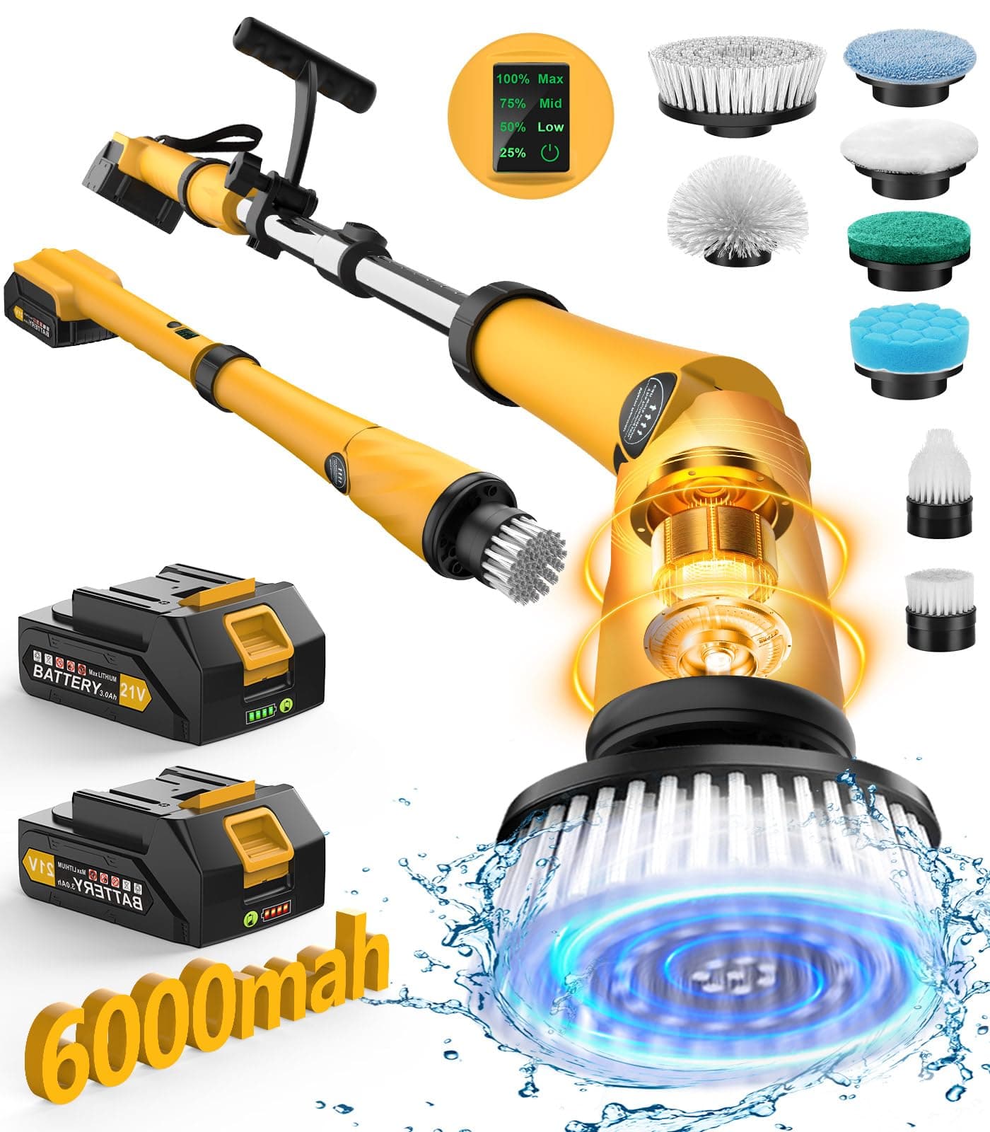 Electric Spin Scrubber Extra Large Brush Q3,6000 mAh Best Battery Power Scrubber for Cleaning,1200RPM Shower Cordless Cleaning Brush with 8 Brushes for Bath/Tub/Tile/Floor (Smart Display)