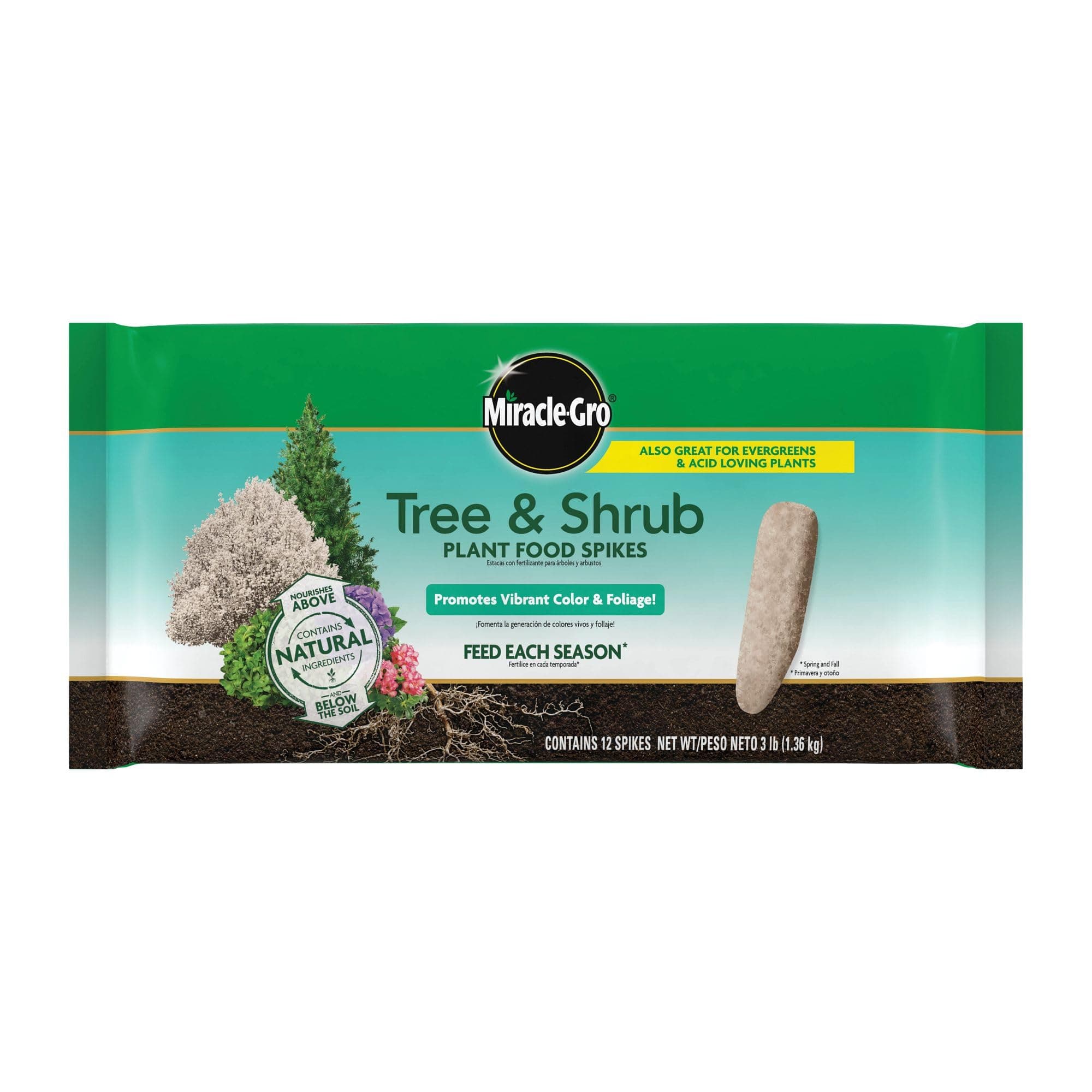 Miracle-Gro Tree and Shrub Plant Food Spikes - Deciduous, Flowering & Evergreen Tree Fertilizer Spikes, Hydrangeas, and Acid-Loving Plants, 12 Count, 3 lb.