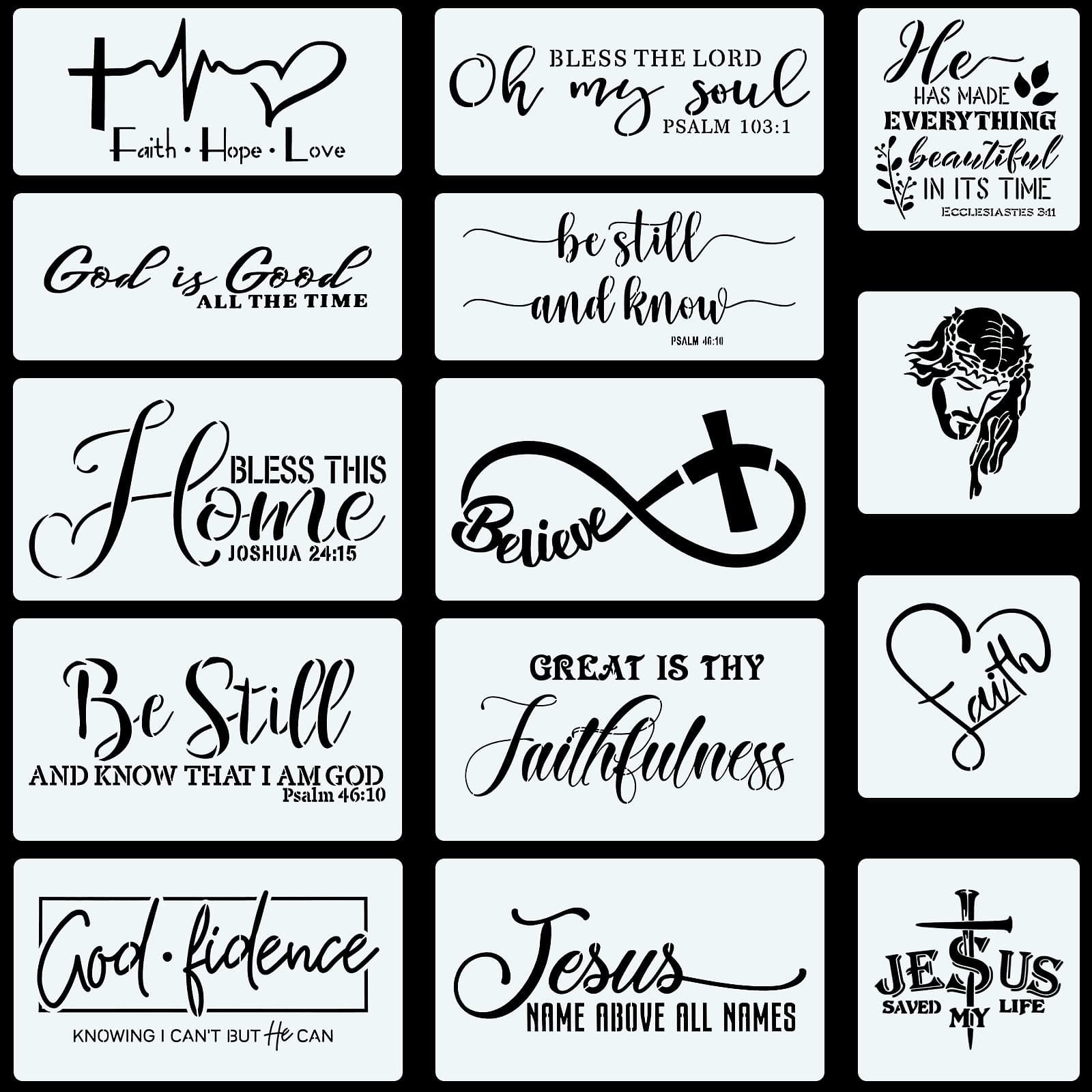 CINPIUK 14PCS Christian Stencils Painting on Wood, Bible Sign Motivational Saying Faith God Fidence Be Still Reusable Painting Stencils DIY Farmhouse Wood Signs for Home Office Decor