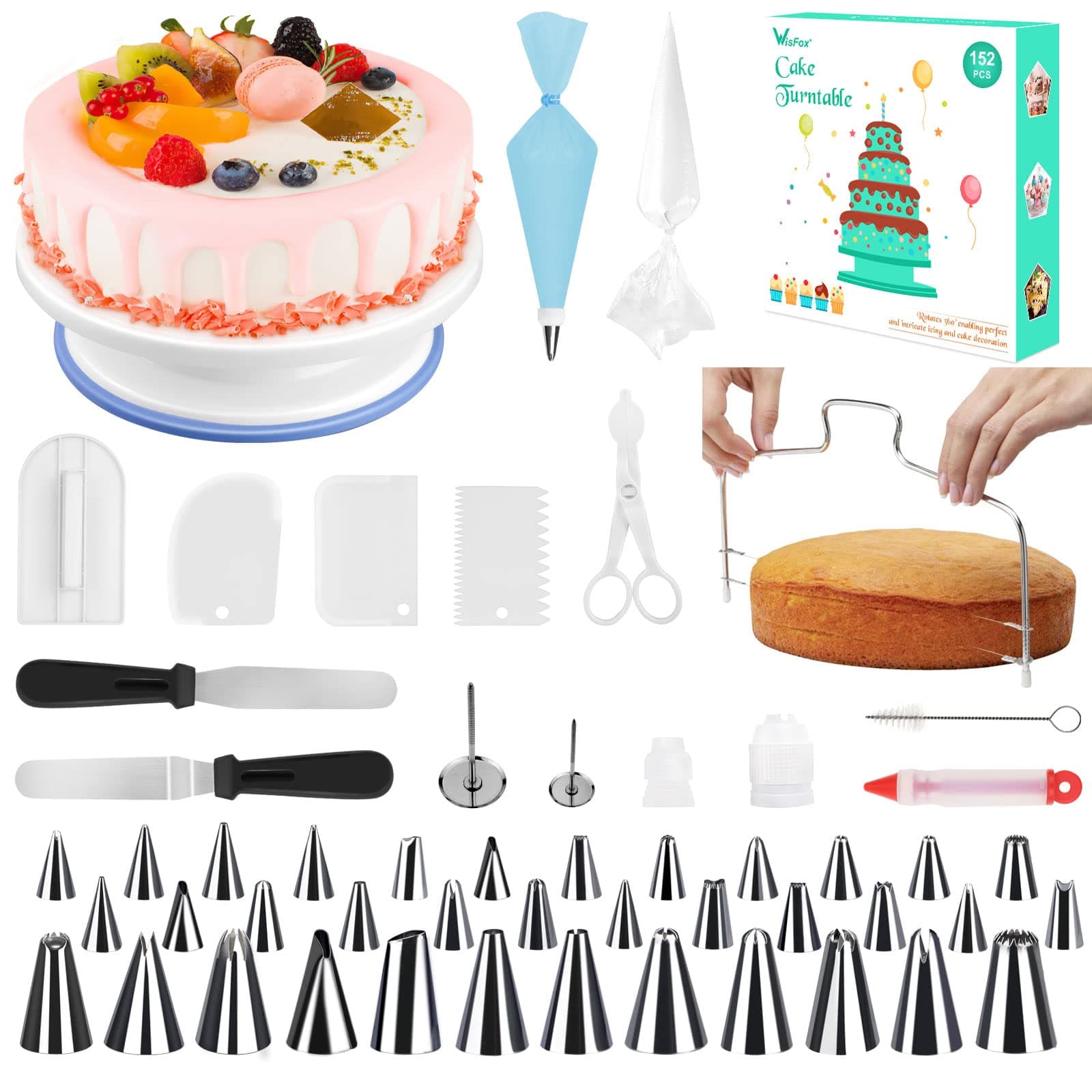 152 pcs Cake Decorating Supplies, Cupcake Decorating Kit Baking Supplies Equipment with Nonslip Turntable Stand, Coupler, Frosting, Piping Bags, Icing Spatula, Pastry Tool, Cake Scrapers