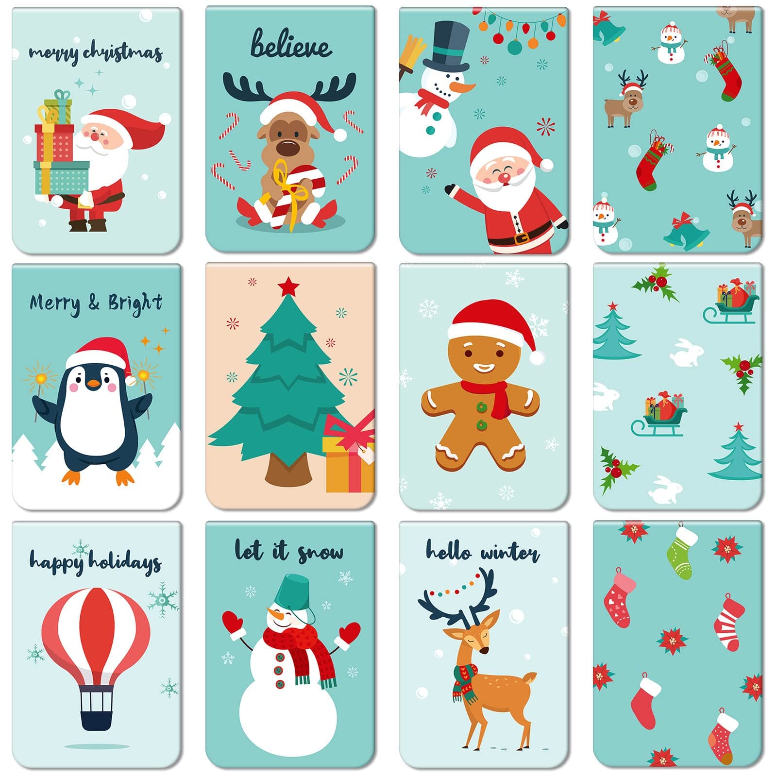 Clabby 36 Pcs Christmas Bookmarks Magnetic for Kids Winter Funny Bookmark Clips with Santa Snowman Reindeer Cute Double Sided Page Marker Xmas Student Book Stationery Gift, 12 Style