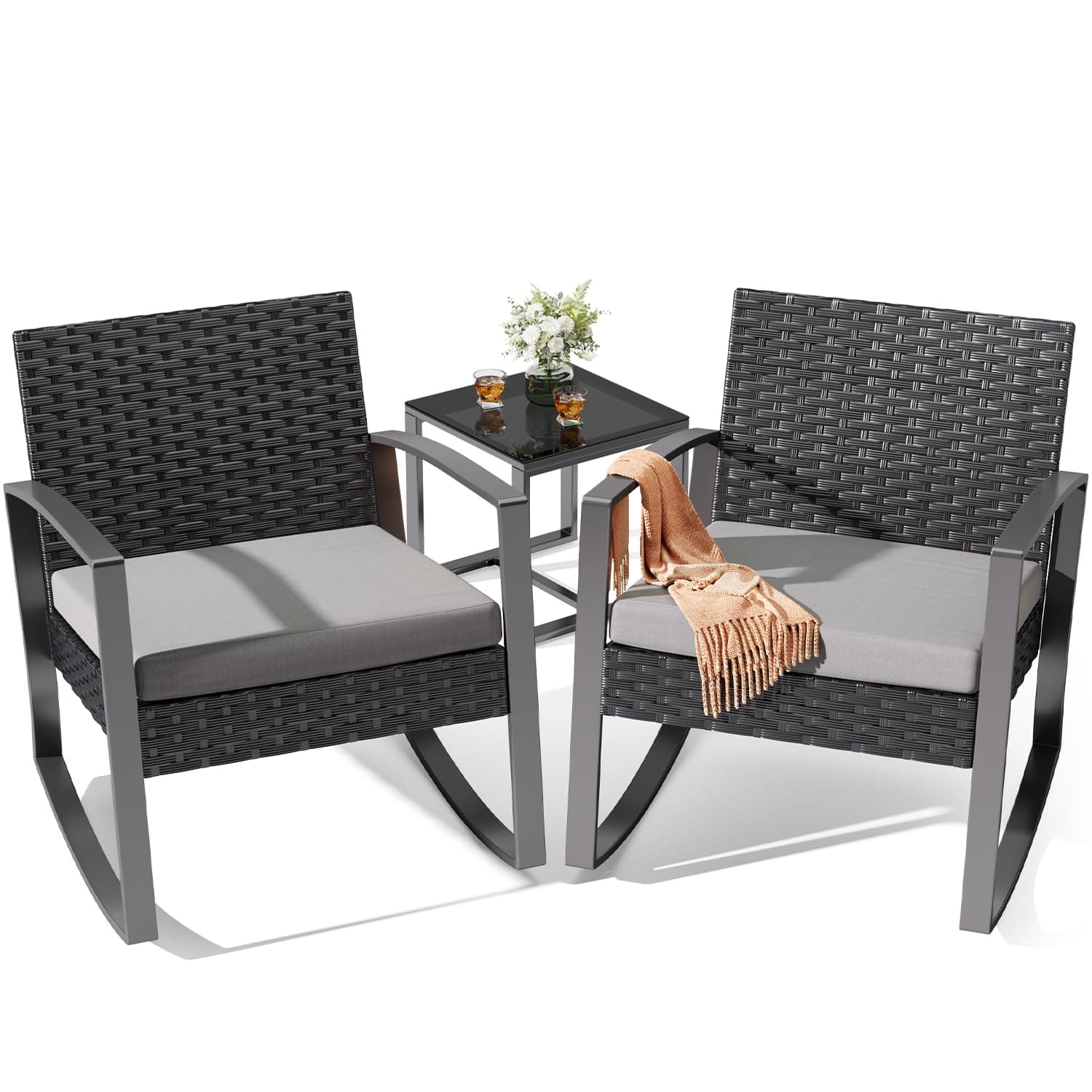 Noelse 3 Piece Wicker Patio Furniture Set, Outdoor Rocking Chairs, Outdoor Furniture with Table & Cushions, Patio Chairs for Balcony Porch, Gray