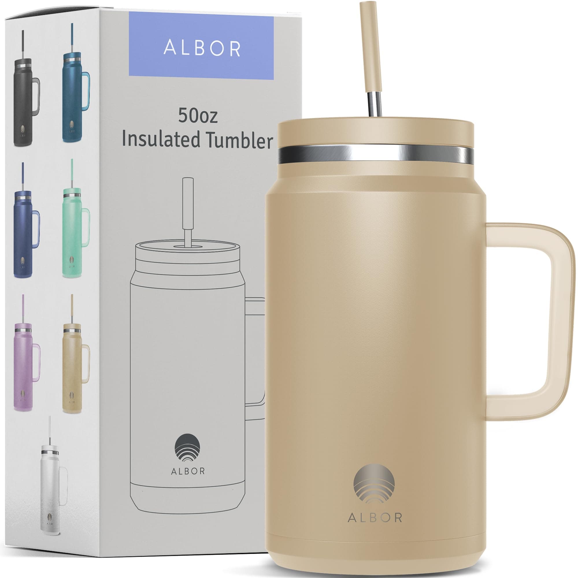 ALBOR 50 oz Tumbler With Lid and Straw, Leak Proof Durable Stainless Steel Insulated Tumbler With Handle, Spill Proof Water Bottles With Straw (Sand, 50 oz)