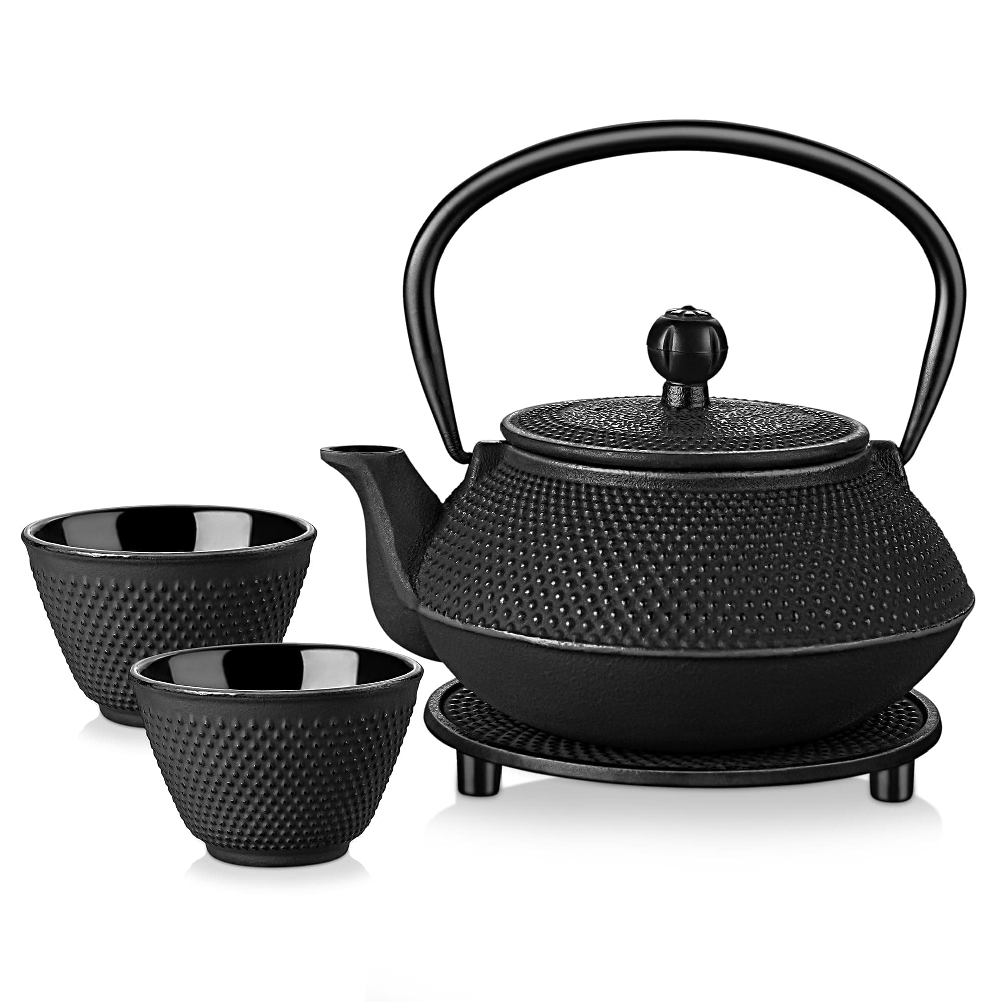 Velaze Iron Teapot set, Traditional Japanese Tetsubin Tea Kettle Cast Iron Teapot with Stainless Steel Infuser, Antique Small Dot Design, 2 Iron Cups and Trivet Stand Tray, 700ML/ 24OZ