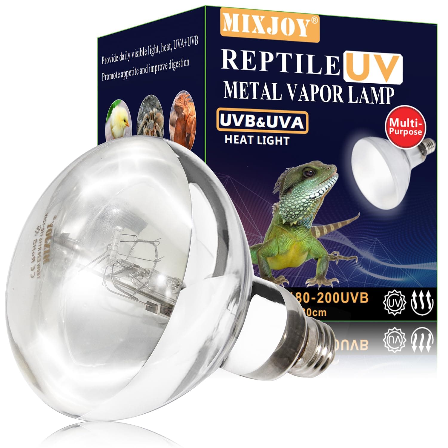 MIXJOY 160W Reptile Heat Lamp Bulb, Full Spectrum UVA UVB Reptile Light Bulb, UVB Light for Reptiles and Amphibians Use