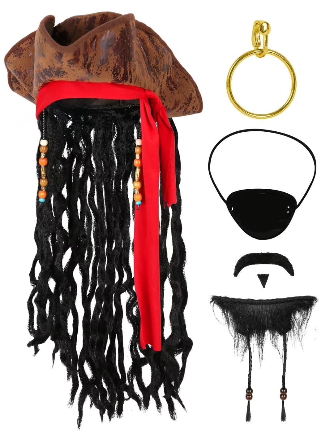 Cosrea Pirate Hat for Men Pirate Costume with Eye Patch Earring Mustache Accessories