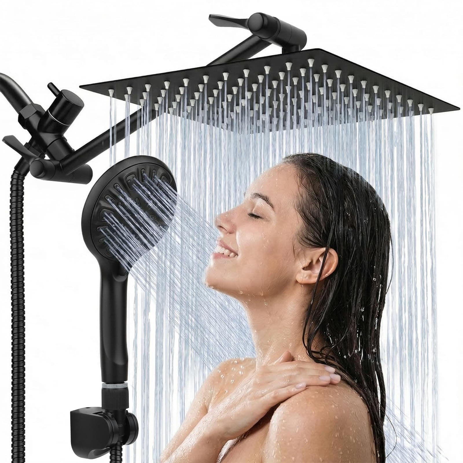 Shower Head 10‘’ High Pressure Rainfall Shower Head/Handheld Shower Combo with 11'' Extension Arm, 9 Settings Anti-leak Head with Holder, Height/Angle Adjustable, Chrome, Matte Black