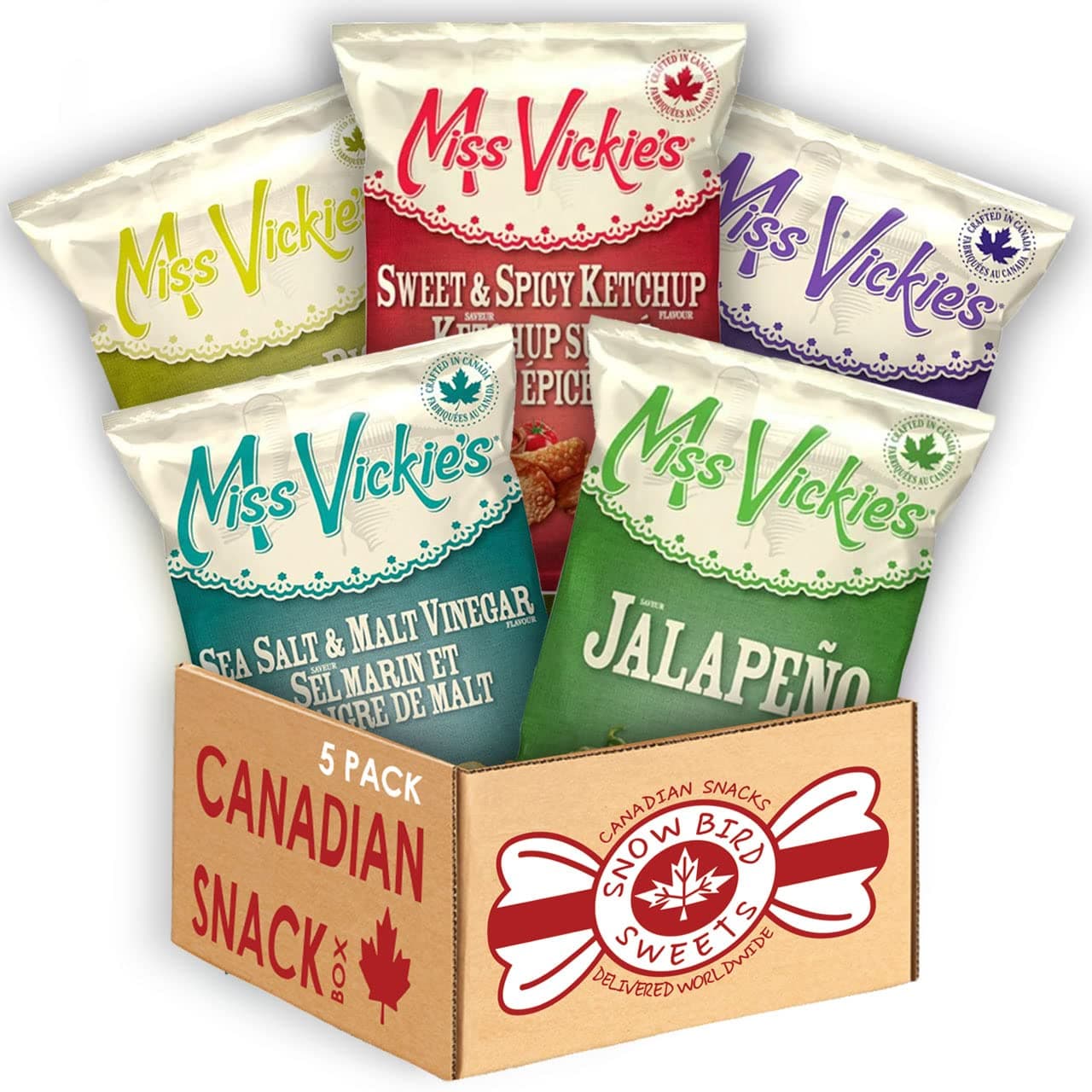 Over 2lbs of Miss Vickies Chips (5ct) variety pack - Imported From Canada | Ketchup, Jalapeno, Dill Pickle, Sea Salt, and BBQ | Canadian Gift - by Snowbird Sweets