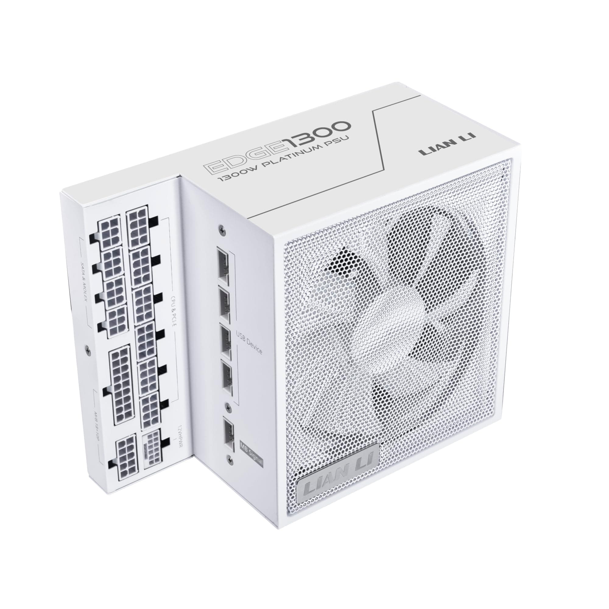Lian Li Edge Series-1300W Full Modular Power Supply-80 PLUS Platinum-ATX 3.0, 3.1-PCIE 5.1-L-Shape Design for Dual Chamber Case-120mm FDB Fan-Supports up to 4X USB Devices-White (EG1300WE.US)