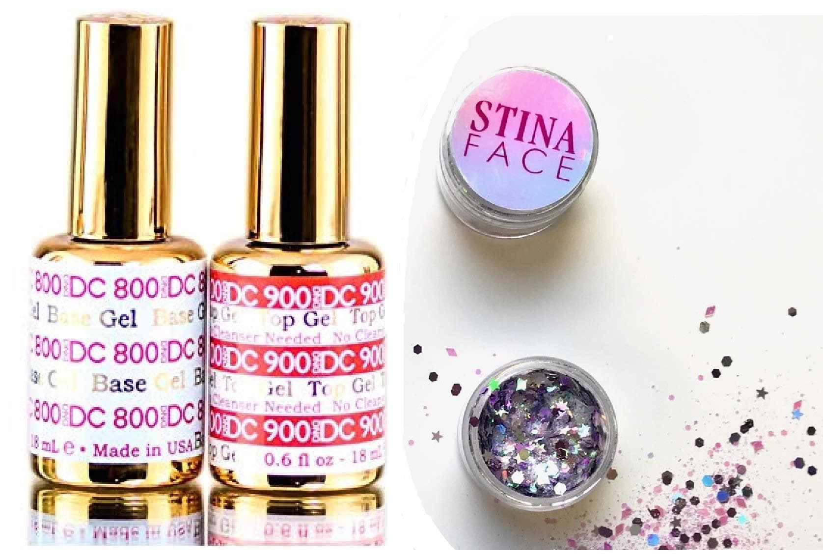 DND DC 800 Base Gel & 900 Top Gel (NO CLEANSER NEEDED) DUO SET, Soak off Gel All In One Base & Top Coat KIT for Daisy Nails (with bonus side Glitter) Made in USA (800 BASE & 900 TOP DUO PACK.)