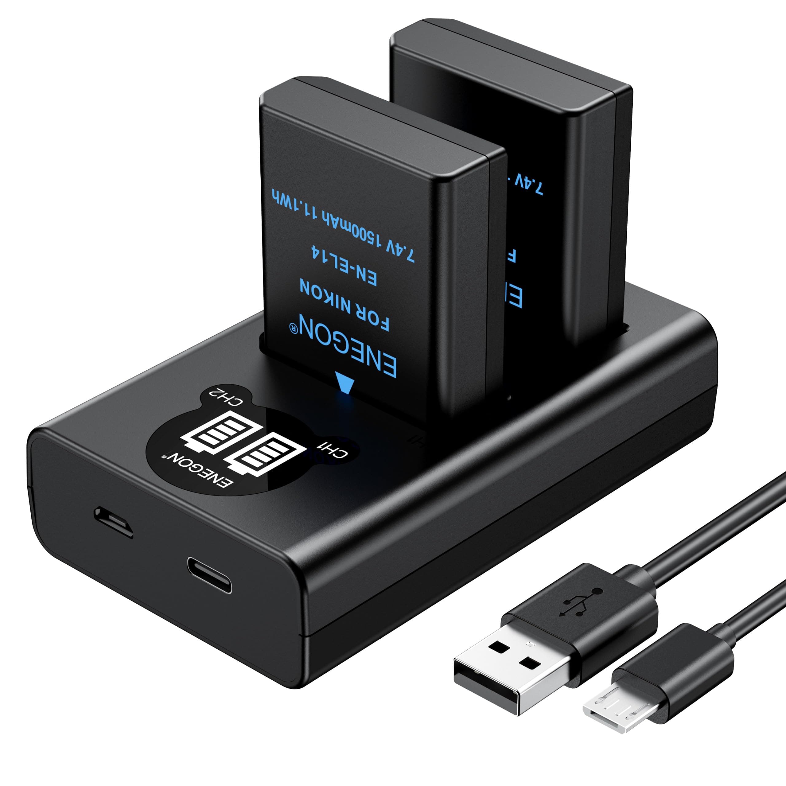 EN-EL14/EL14a Li-ion Battery 2 Pack and Smart LED Dual Charger Compatible with Nikon D5600 D5100 D5200 D5300 D5500 D3100 D3200 D3300 D3400 D3500 Coolpix P7000 P7100 P7200 P7700, P7800