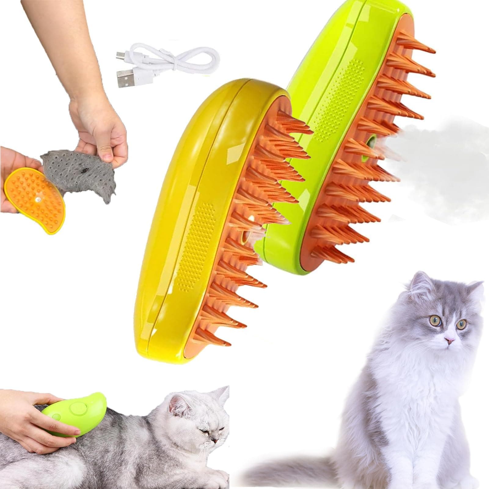 PAKMEZ Steamy Cat Brush - 3 In1 Cat Steamy Brush, Self Cleaning Steam Cat Brush, Cat Steamer Brush for Massage, Cat Hair Brush for Removing Tangled and Loosse Hair (2pcs)