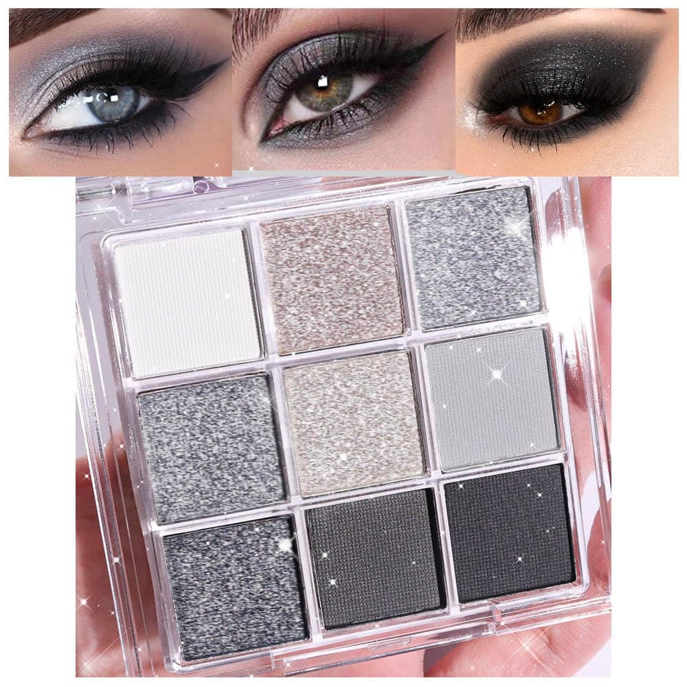 evpct 9 Colors Silver Gray Glitter Eyeshadow Palette, Black Smokey Grey and Silver White Sparkle Glitter Shimmer Shiny Eye Shadow Palette Makeup kit for older Women, High Pigment Waterproof eyeshadow
