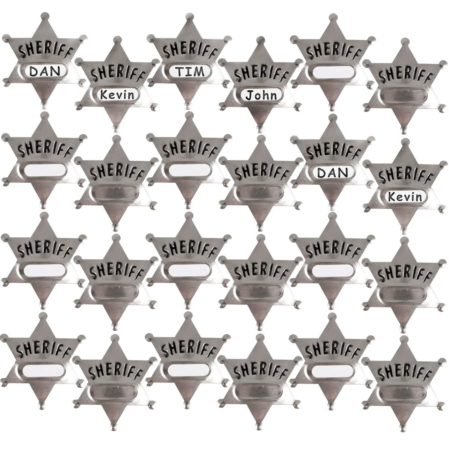 Bedwina Metal Sheriff Badges - (Pack of 24) Silver Star Name Badges with Stickers for Personalized Names, Western Cowboy Dress Up Deputy's Badge Toys for Kids Birthday Party Favors, Giveaways & More