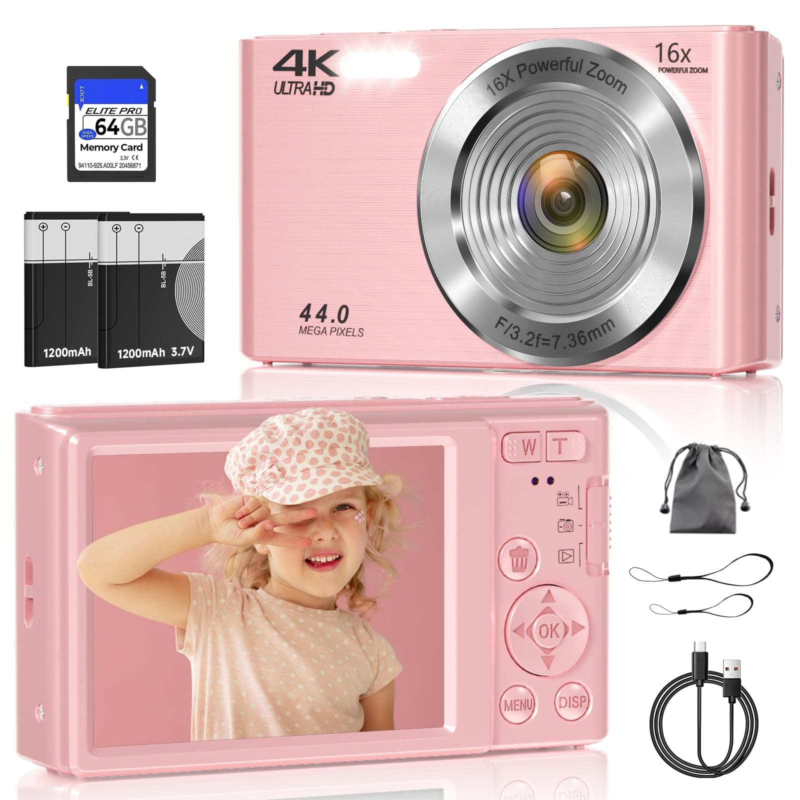 Digital Camera, FHD 4K 44MP Digital Camera for Photography, 16X Digital Zoom, Digital Point and Shoot Camera with 3-LED Fill Lights, 64GB SD Card, Compact Camera for Kids Teen Boys Girls, Pink