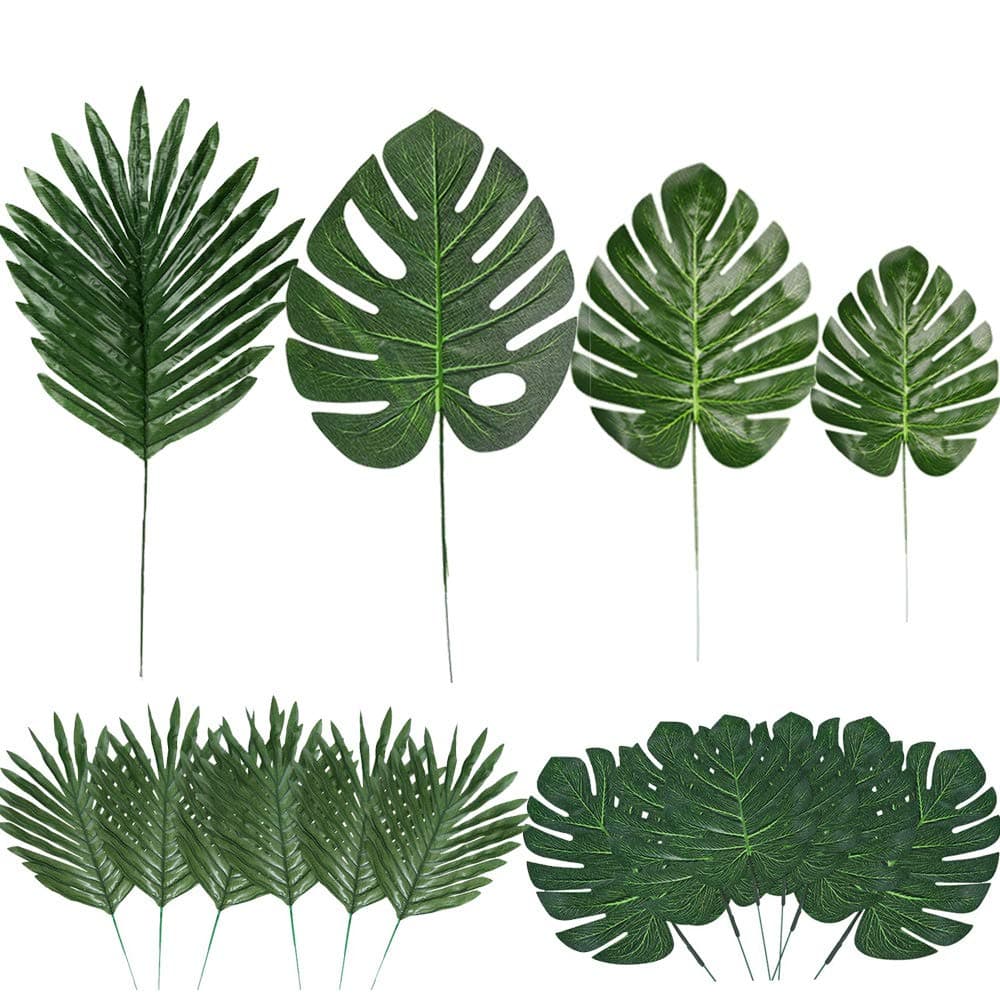 60 Pieces 4 Kinds Artificial Palm Leaves with Faux Stems Tropical Plant Leaves Monstera Leaves Safari Leaves for Hawaiian Luau Party Jungle Beach Table Leave Decorations