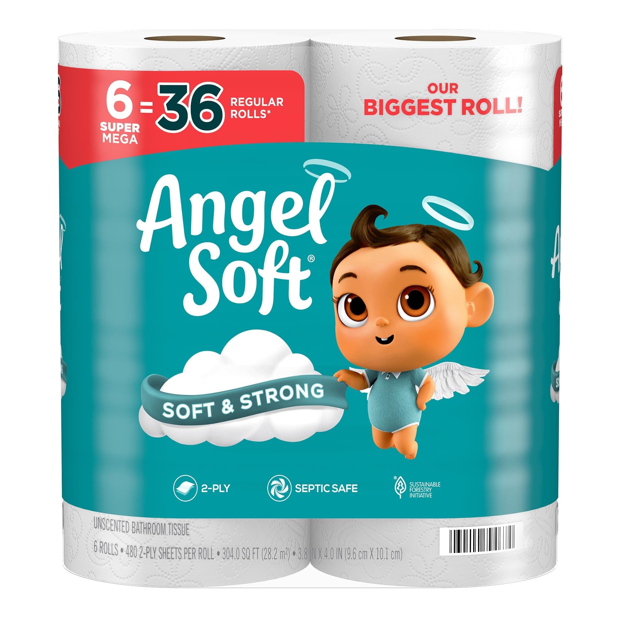 Toilet Paper, 6 Super Mega Rolls = 36 Regular Rolls, Soft and Strong Toilet Tissue