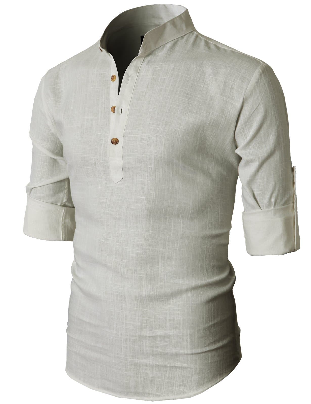 H2H Mens Casual Slim Fit Linen Henley Lightweight Roll-up Sleeve Shirt
