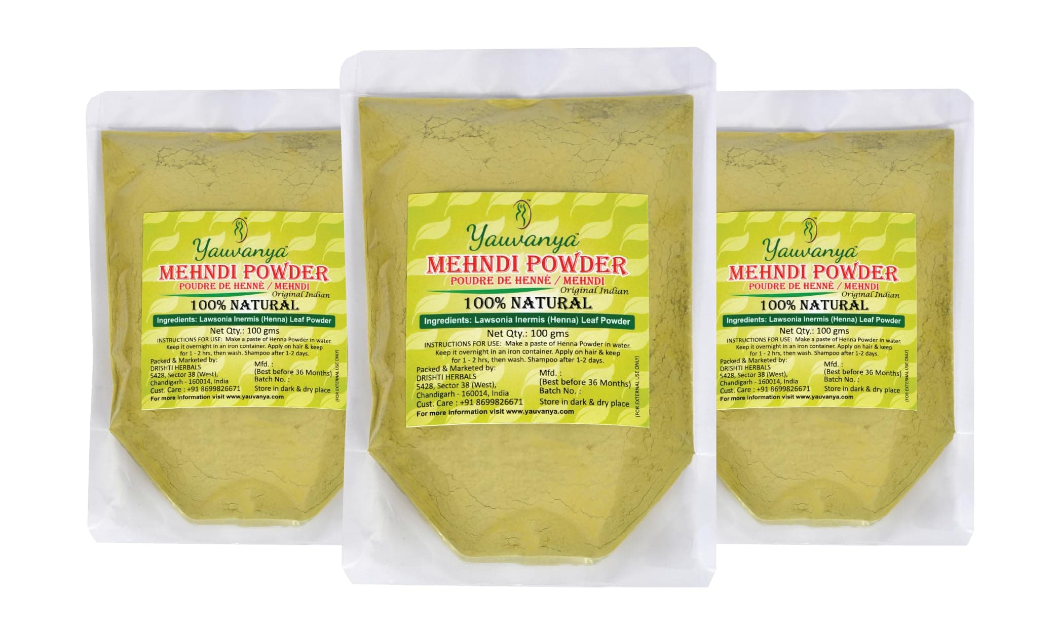 Original Indian Pure and Natural Henna (Mehndi) for Hair - 300 gms (3 Packets of 100 gms each)